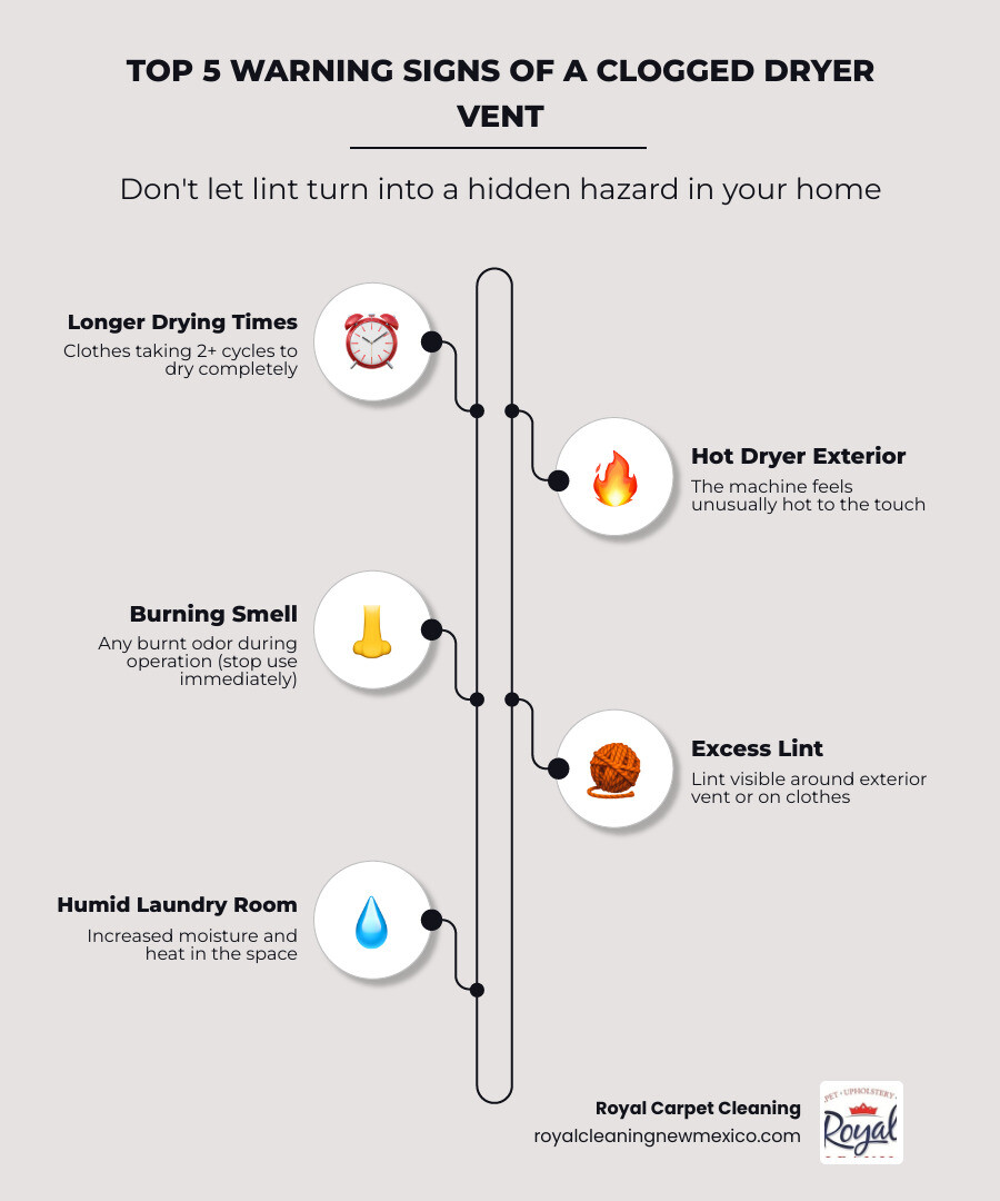 infographic showing the top 5 warning signs of a clogged dryer vent: 1. Clothes take longer than one cycle to dry completely, 2. Dryer exterior feels hot to the touch during operation, 3. Burning smell or unusual odors when running, 4. Lint visible around exterior vent opening, 5. Laundry room feels unusually hot and humid - clothes dryer duct cleaning near me infographic infographic-line-5-steps-elegant_beige