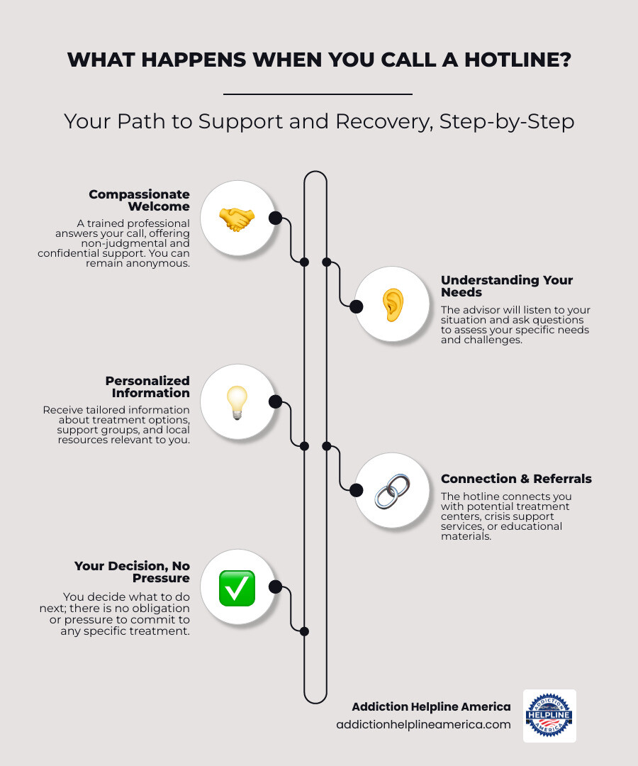 Infographic showing what happens when you call an addiction hotline: 1. Trained professional answers your call with compassion and without judgment. 2. You share your situation confidentially (you can remain anonymous). 3. Advisor asks questions to understand your needs and assess your situation. 4. You receive personalized information about treatment options, support groups, and local resources. 5. Hotline connects you with next steps: treatment referrals, crisis support, or educational materials. 6. You decide what to do next—there's no pressure or obligation to enter treatment. - National Drug Abuse Hotline Numbers: Free Addiction Help 24/7 infographic infographic-line-5-steps-elegant_beige Infographic showing what happens when you call an addiction hotline: 1. Trained professional answers your call with compassion and without judgment. 2. You share your situation confidentially (you can remain anonymous). 3. Advisor asks questions to understand your needs and assess your situation. 4. You receive personalized information about treatment options, support groups, and local resources. 5. Hotline connects you with next steps: treatment referrals, crisis support, or educational materials. 6. You decide what to do next—there's no pressure or obligation to enter treatment. - National Drug Abuse Hotline Numbers: Free Addiction Help 24/7 infographic infographic-line-5-steps-elegant_beige