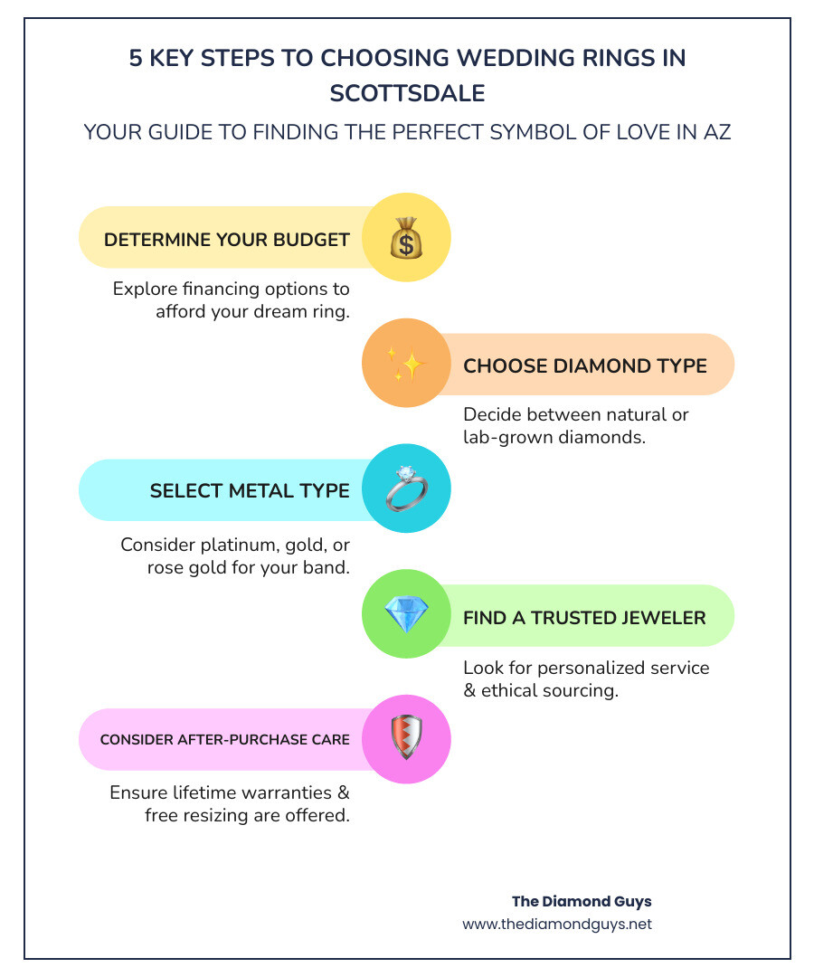 infographic showing 5 key steps to choosing wedding rings in Scottsdale: 1. Determine your budget and explore financing options, 2. Choose between natural and lab-grown diamonds, 3. Select your metal type (platinum, gold, rose gold), 4. Find a jeweler offering personalized service and ethical sourcing, 5. Consider after-purchase services like lifetime warranties and free resizing - Wedding rings Scottsdale AZ infographic infographic-line-5-steps-colors