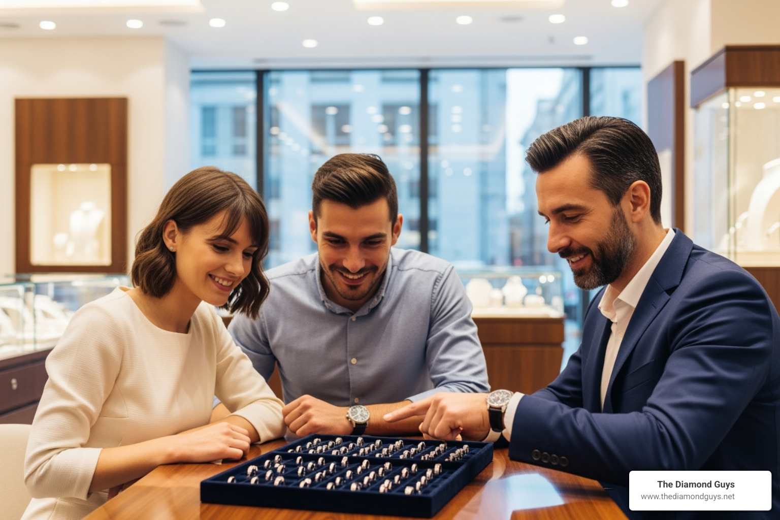 friendly jeweler consulting with a couple - Wedding rings Scottsdale AZ