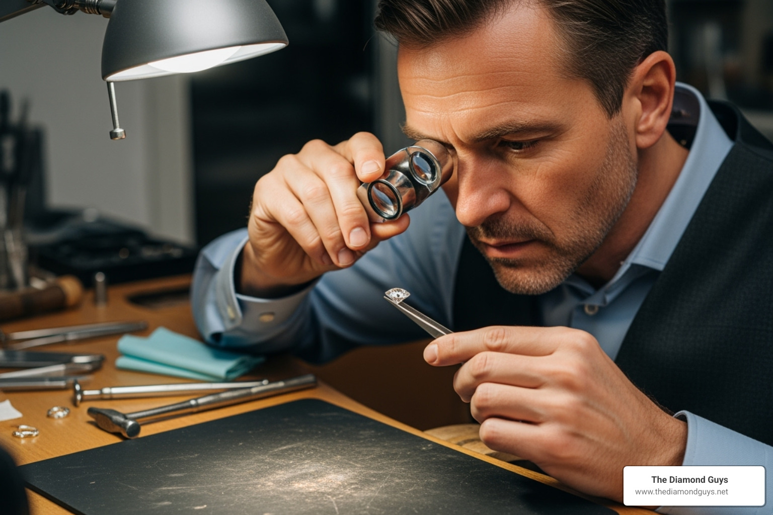 jeweler inspecting a diamond with a loupe - Wedding rings Scottsdale AZ