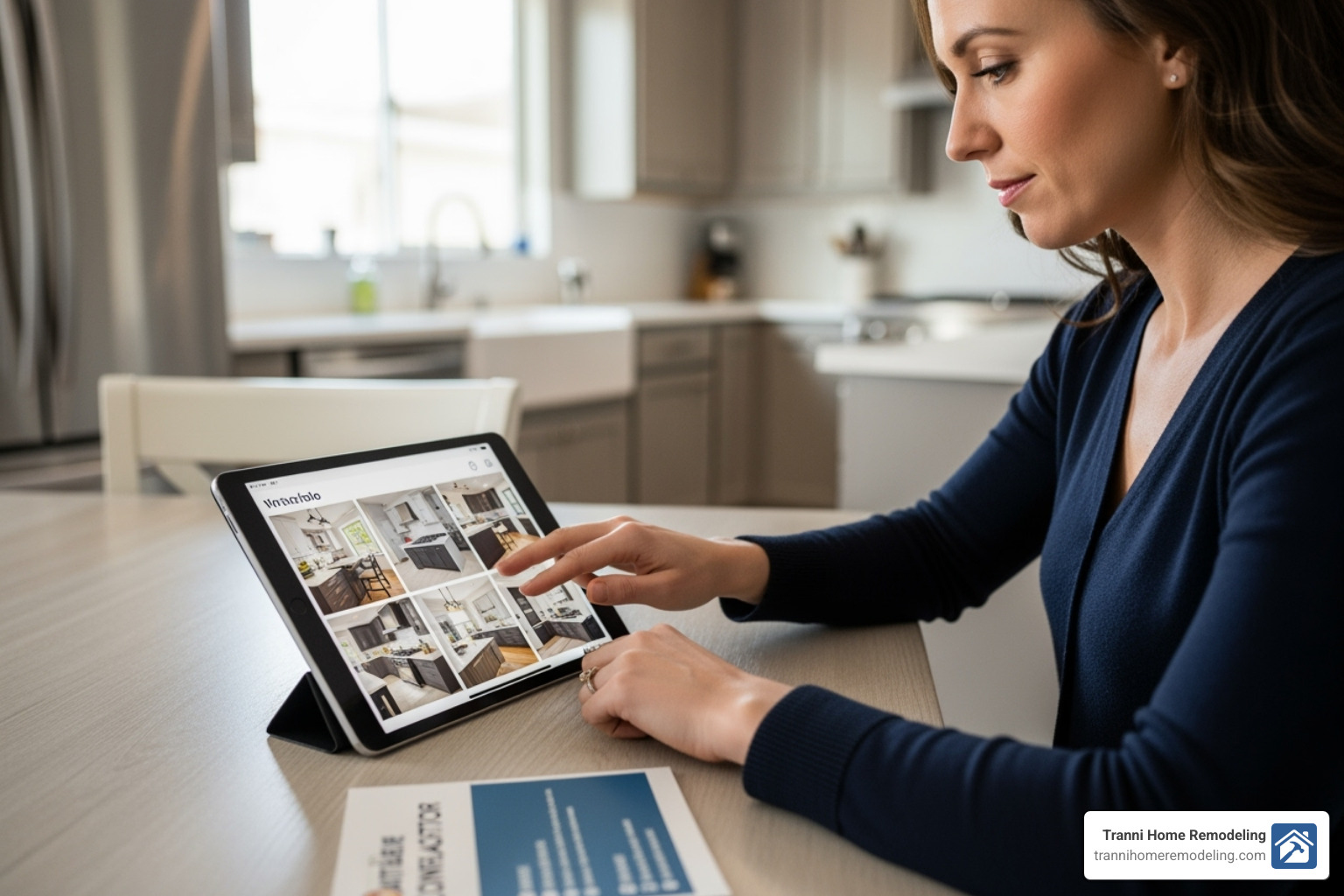 Homeowner looking at a contractor's portfolio on a tablet - Kitchen Renovation Contractors