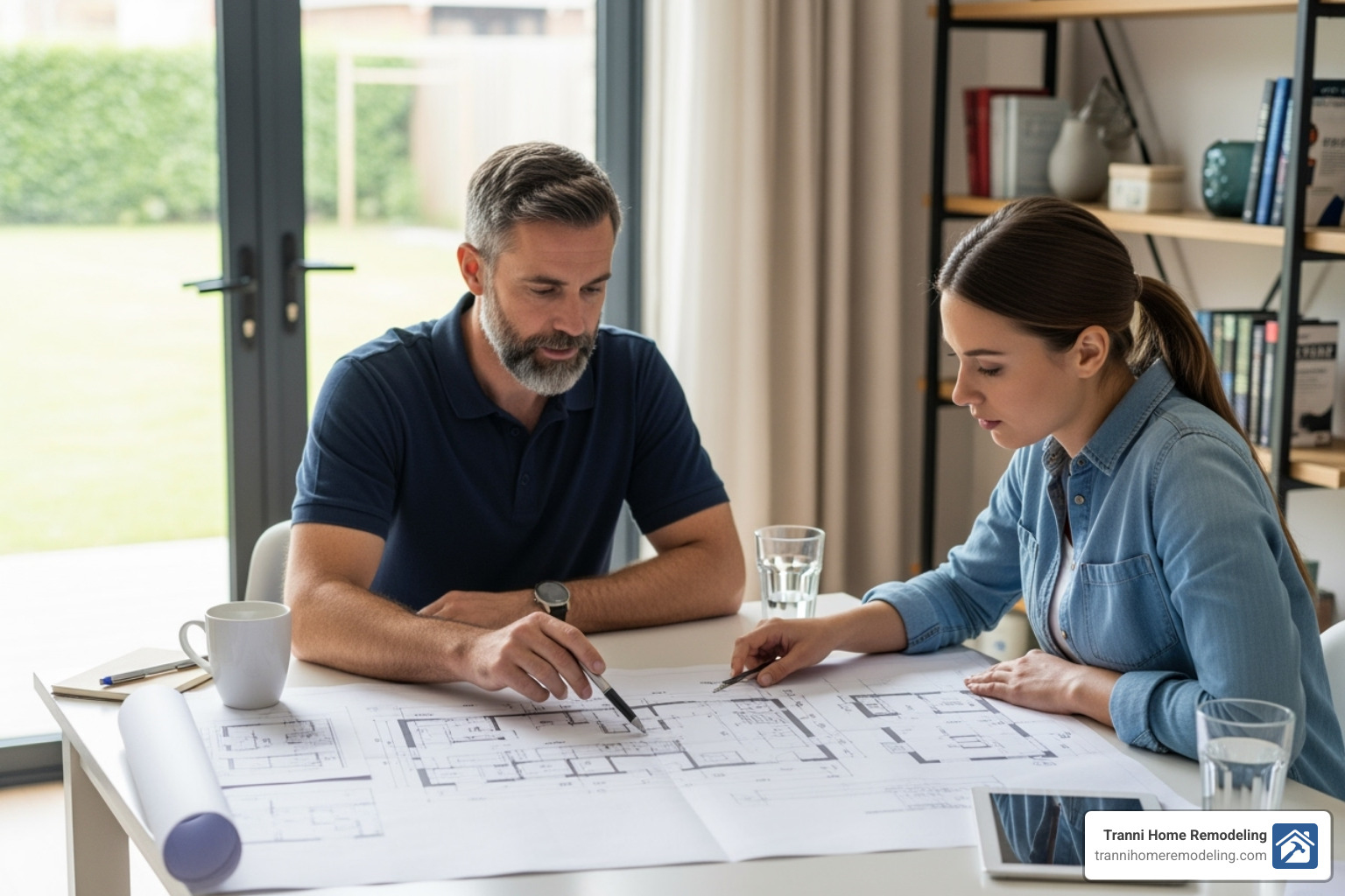 Contractor and homeowner reviewing blueprints - Kitchen Renovation Contractors