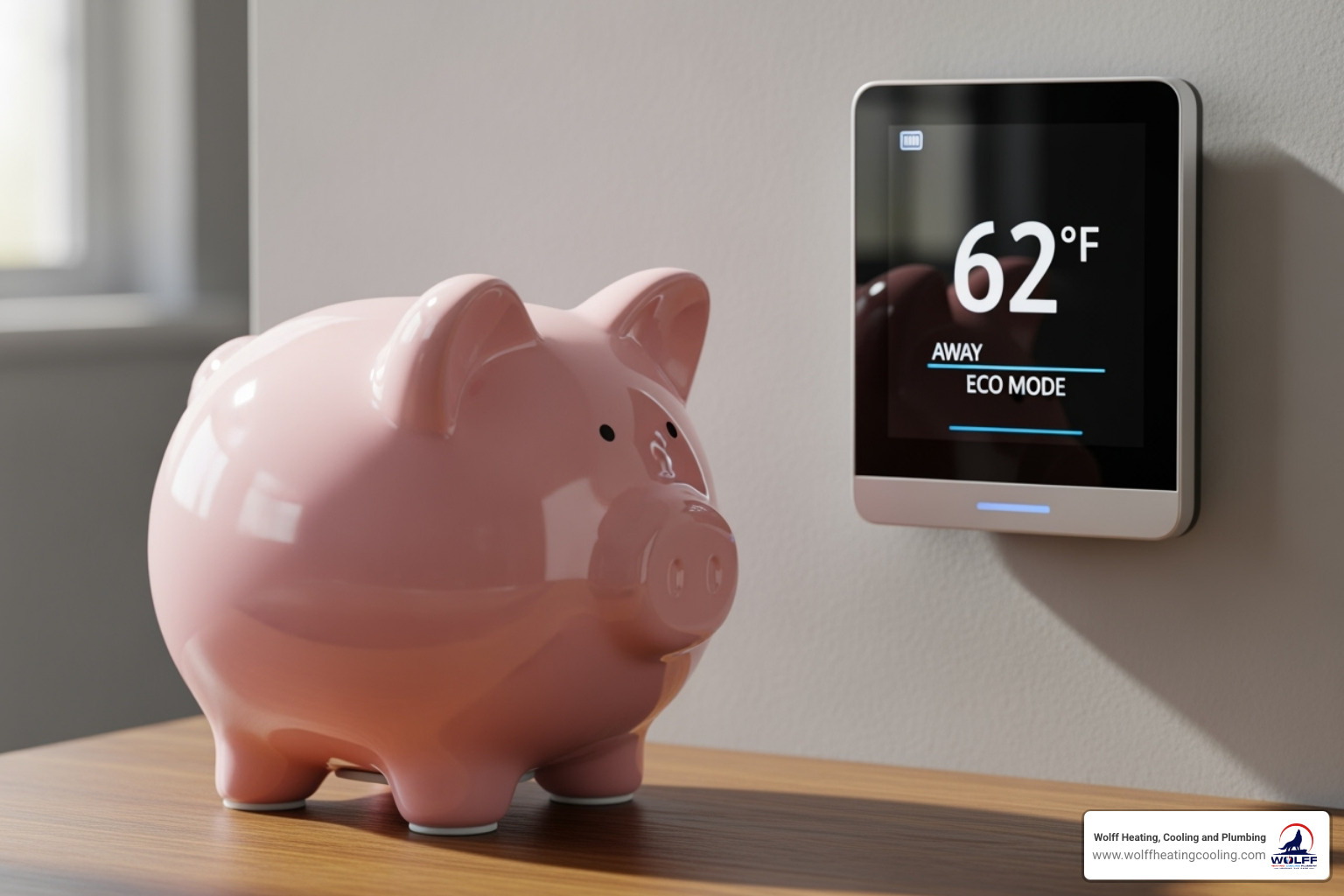 piggy bank next to a thermostat showing a lower temperature setting - heating tune up placitas