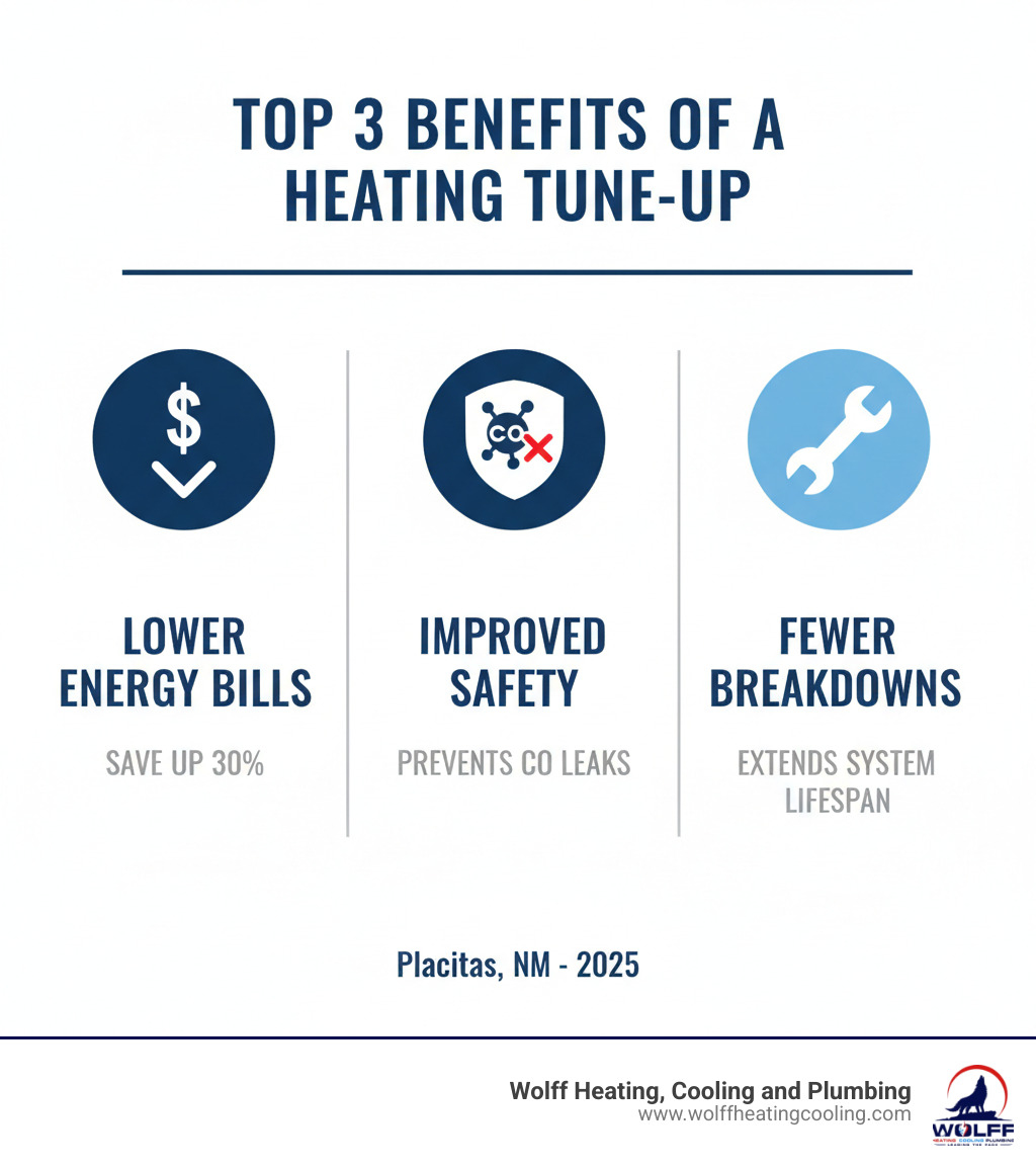 infographic explaining the top 3 benefits of a heating tune-up: dollar sign with down arrow representing lower energy bills, shield icon representing improved safety and carbon monoxide prevention, and wrench icon representing fewer breakdowns and extended system lifespan - heating tune up placitas infographic 