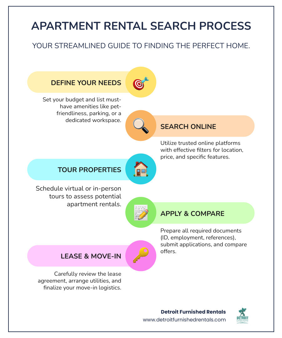 Infographic showing the apartment rental search process: 1. Define your budget and must-have amenities (pet-friendly, parking, workspace). 2. Use online platforms with filters for location, price, and features. 3. Schedule virtual or in-person tours. 4. Prepare application documents (ID, employment history, references). 5. Submit applications and compare offers. 6. Review lease terms carefully before signing. 7. Arrange move-in logistics and utilities. - apartment rentals infographic infographic-line-5-steps-colors