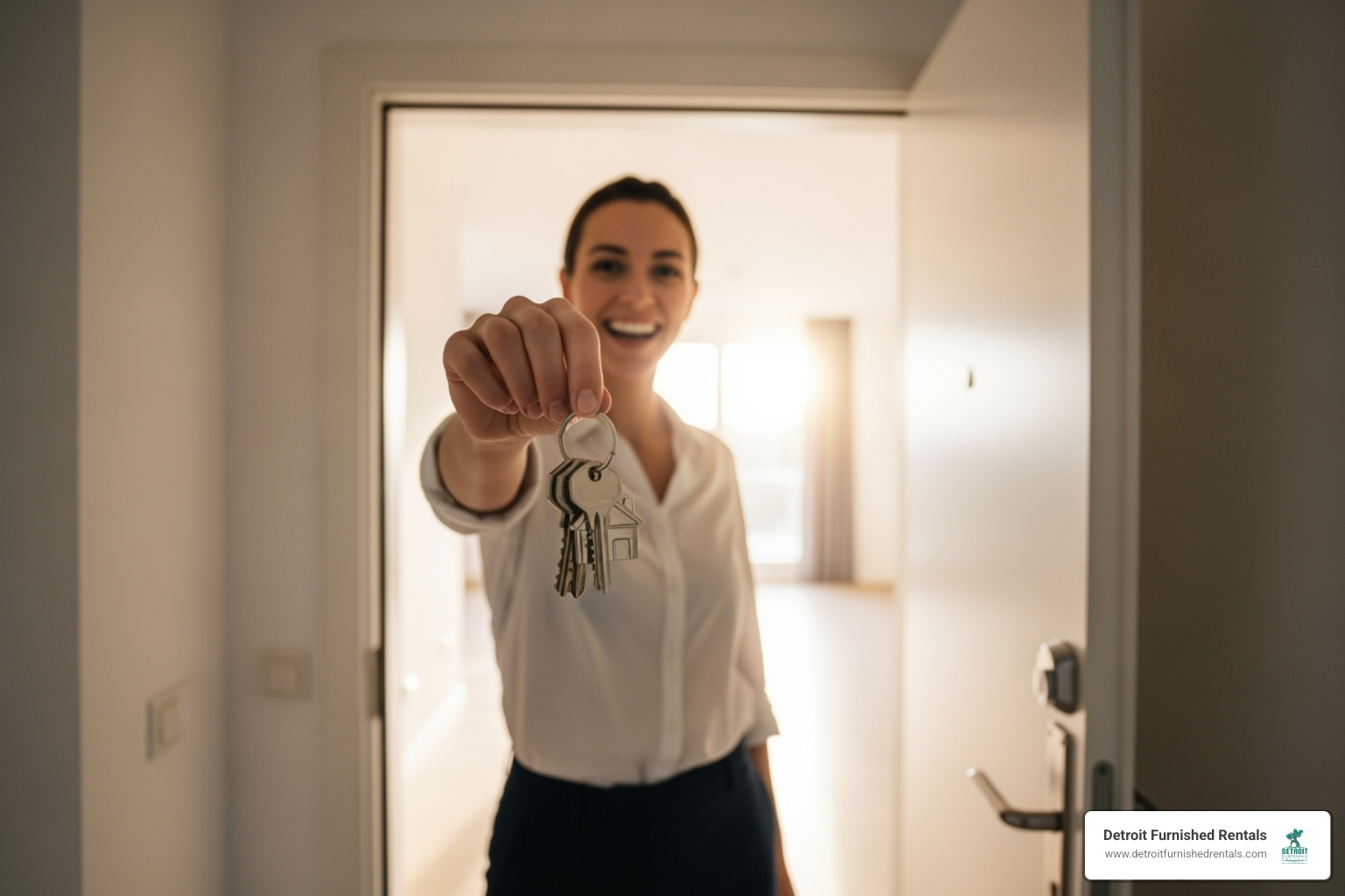 a person holding the keys to their new apartment, smiling - apartment rentals