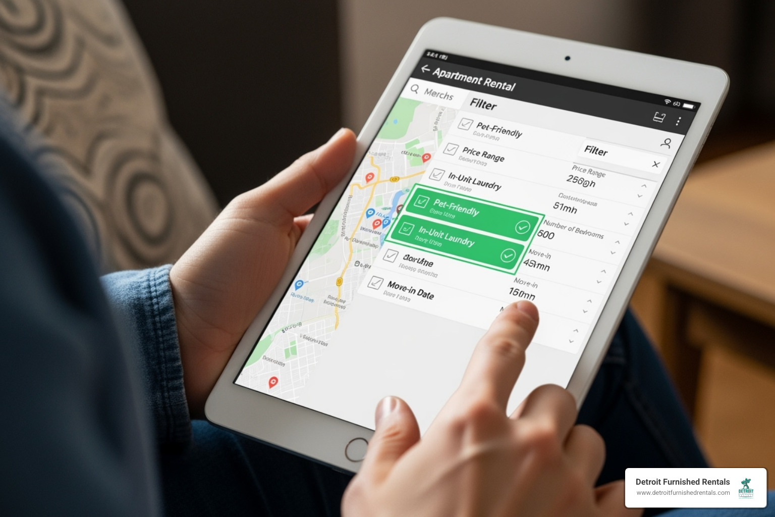 a person on a tablet filtering apartment search results by "pet-friendly" and "in-unit laundry" - apartment rentals