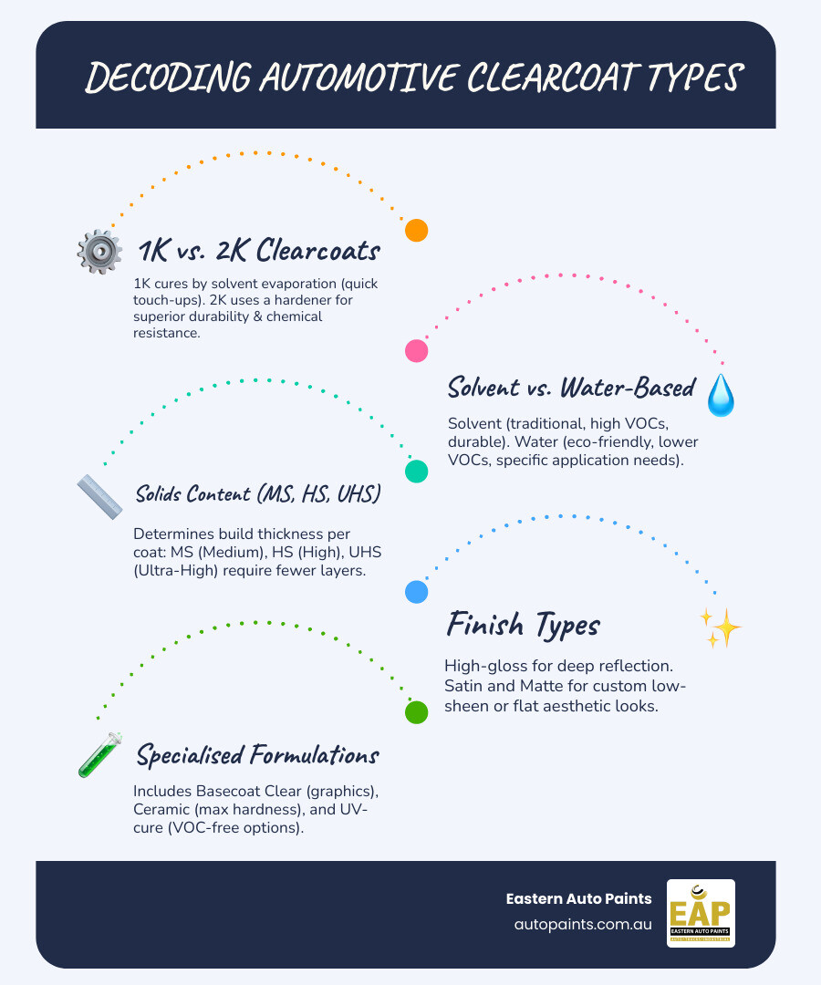 Infographic detailing the various types of clearcoat, including 1K vs 2K, Solvent vs Water-Based, and different Solids Content like UHS.