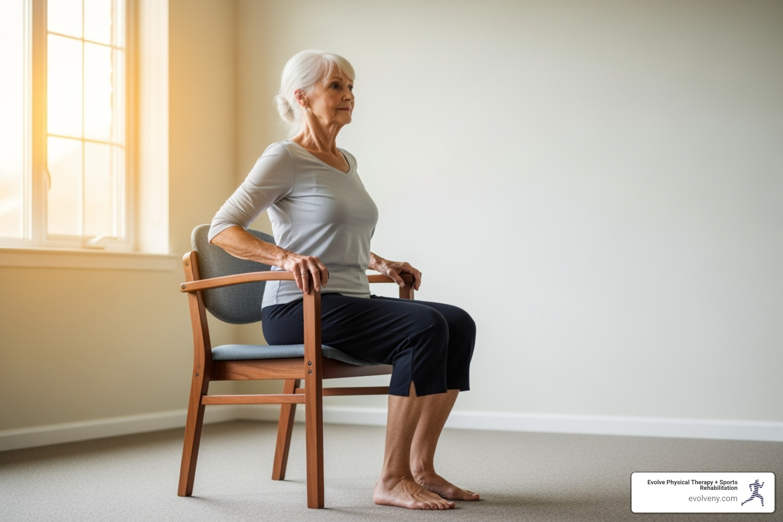A senior woman with good posture demonstrating a sit-to-stand exercise from a sturdy wooden chair - functional fitness seniors A senior woman with good posture demonstrating a sit-to-stand exercise from a sturdy wooden chair - functional fitness seniors