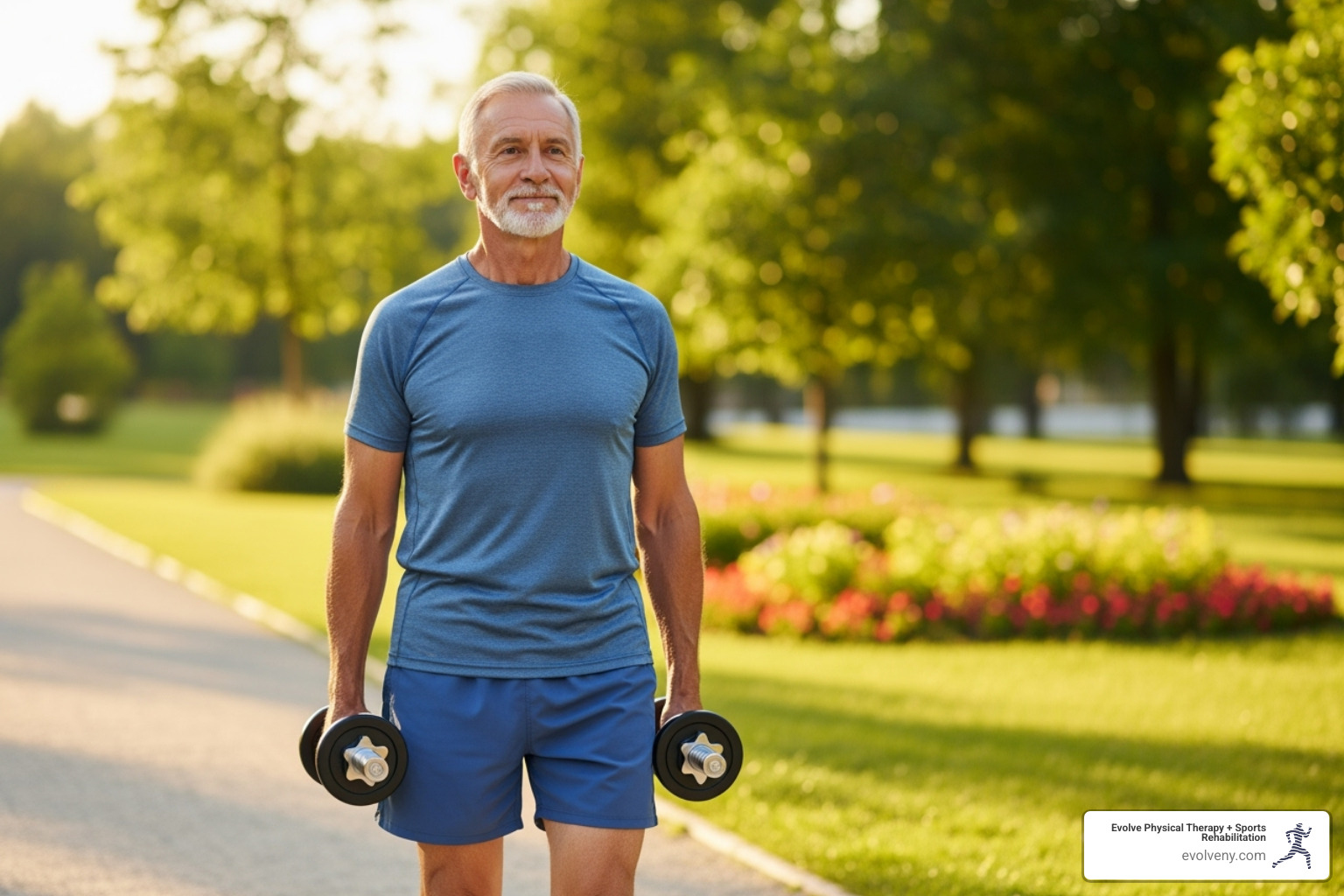 A senior man with a slight smile, holding two light dumbbells and walking with good posture, demonstrating a farmer's walk - functional fitness seniors A senior man with a slight smile, holding two light dumbbells and walking with good posture, demonstrating a farmer's walk - functional fitness seniors