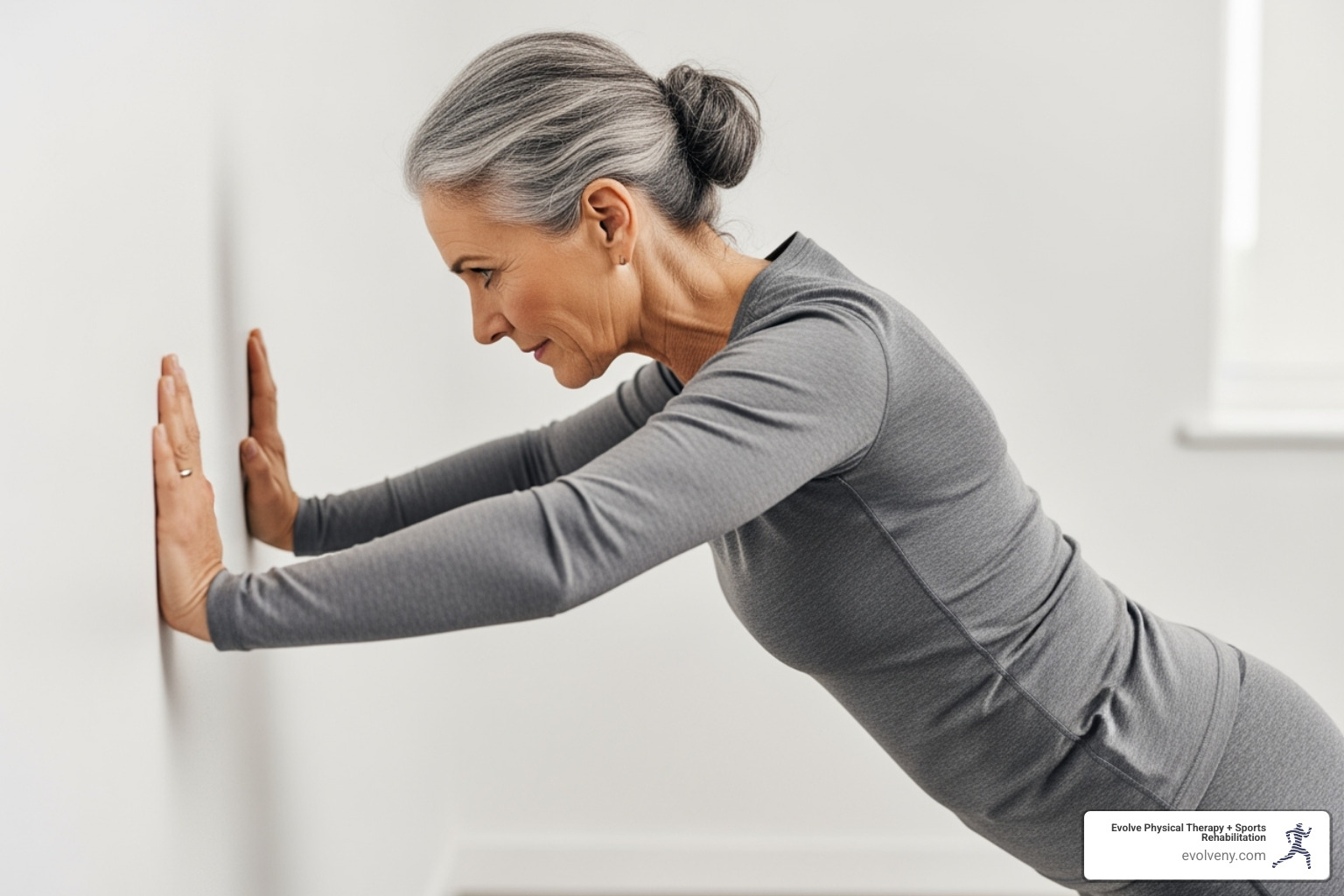 A senior woman performing a wall push-up with her hands shoulder-width apart on a sturdy wall - functional fitness seniors A senior woman performing a wall push-up with her hands shoulder-width apart on a sturdy wall - functional fitness seniors