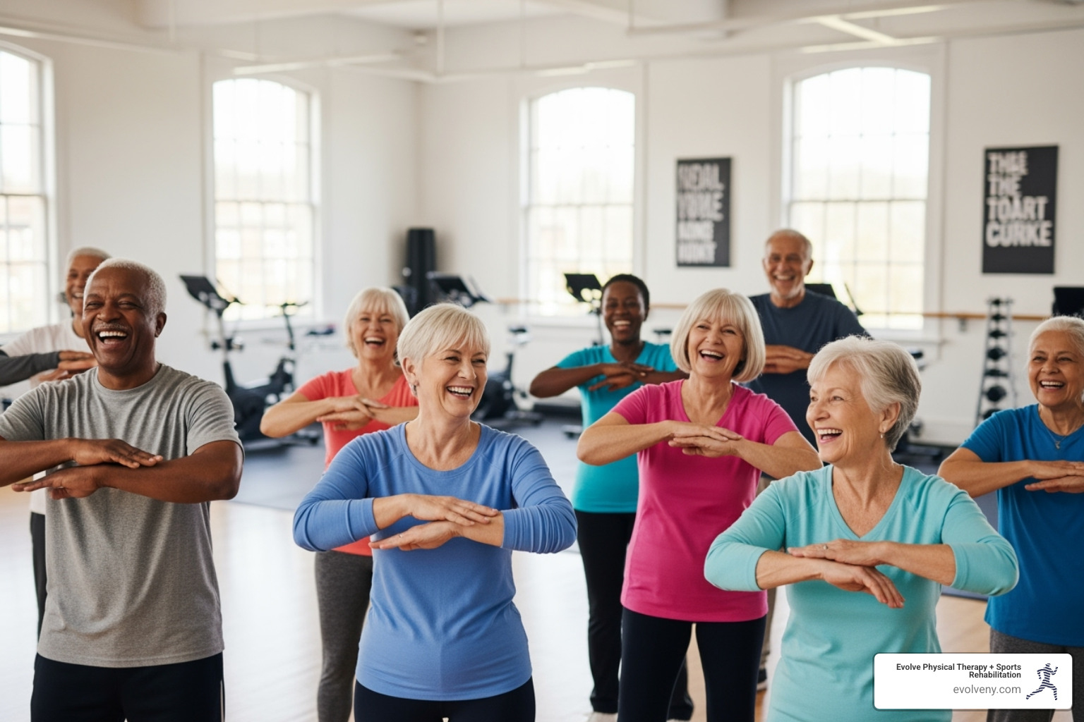 A group of diverse seniors laughing while performing gentle arm circles in a bright, spacious fitness studio - functional fitness seniors A group of diverse seniors laughing while performing gentle arm circles in a bright, spacious fitness studio - functional fitness seniors