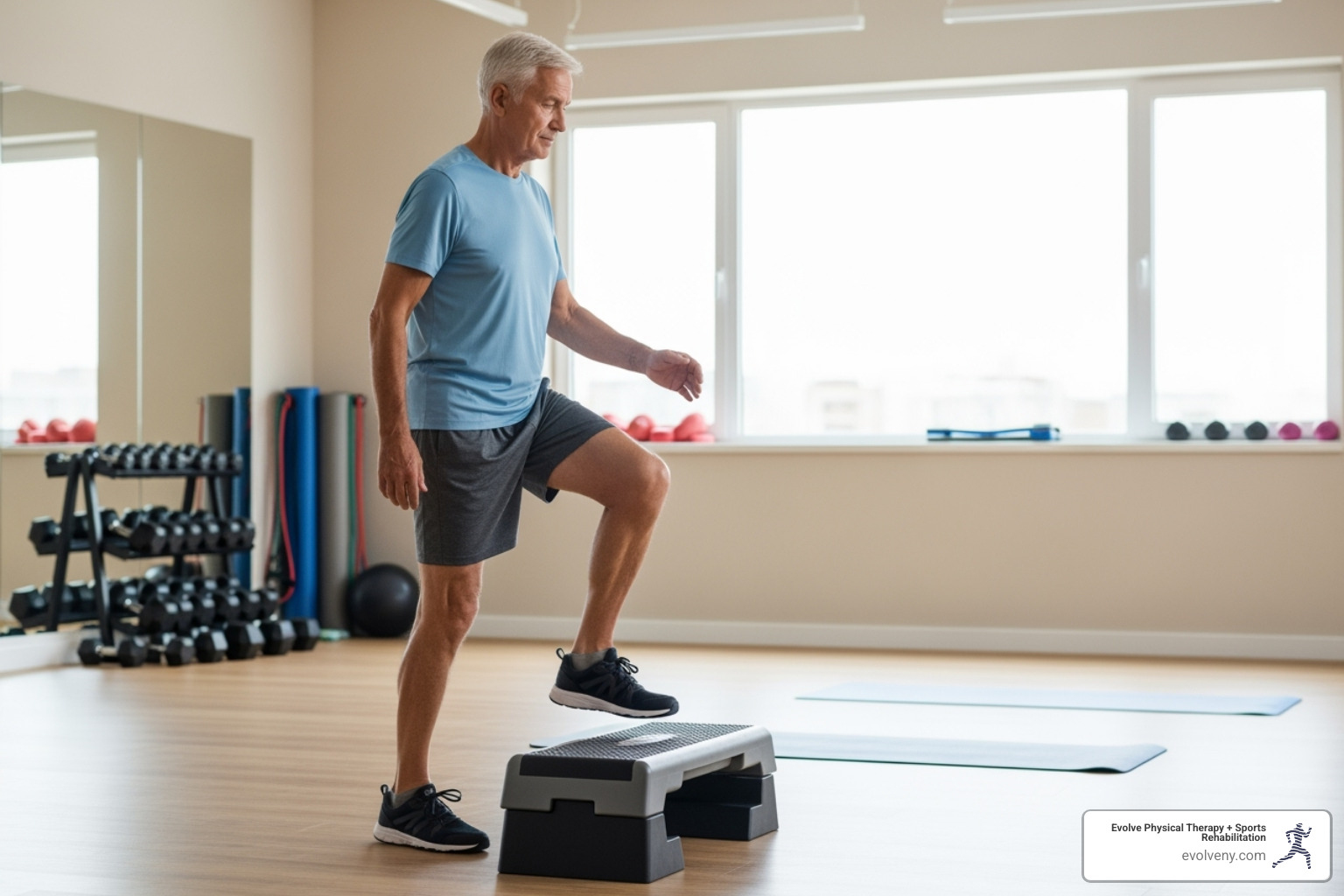 A senior man carefully stepping onto a low, stable platform, demonstrating a step-up exercise - functional fitness seniors A senior man carefully stepping onto a low, stable platform, demonstrating a step-up exercise - functional fitness seniors