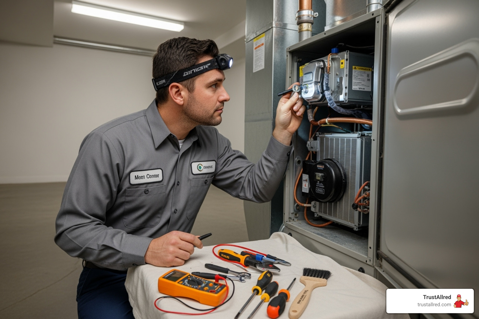 A certified technician in a clean uniform carefully inspecting the interior components of a modern gas furnace, with tools laid out neatly beside them - heating maintenance in pacific, wa