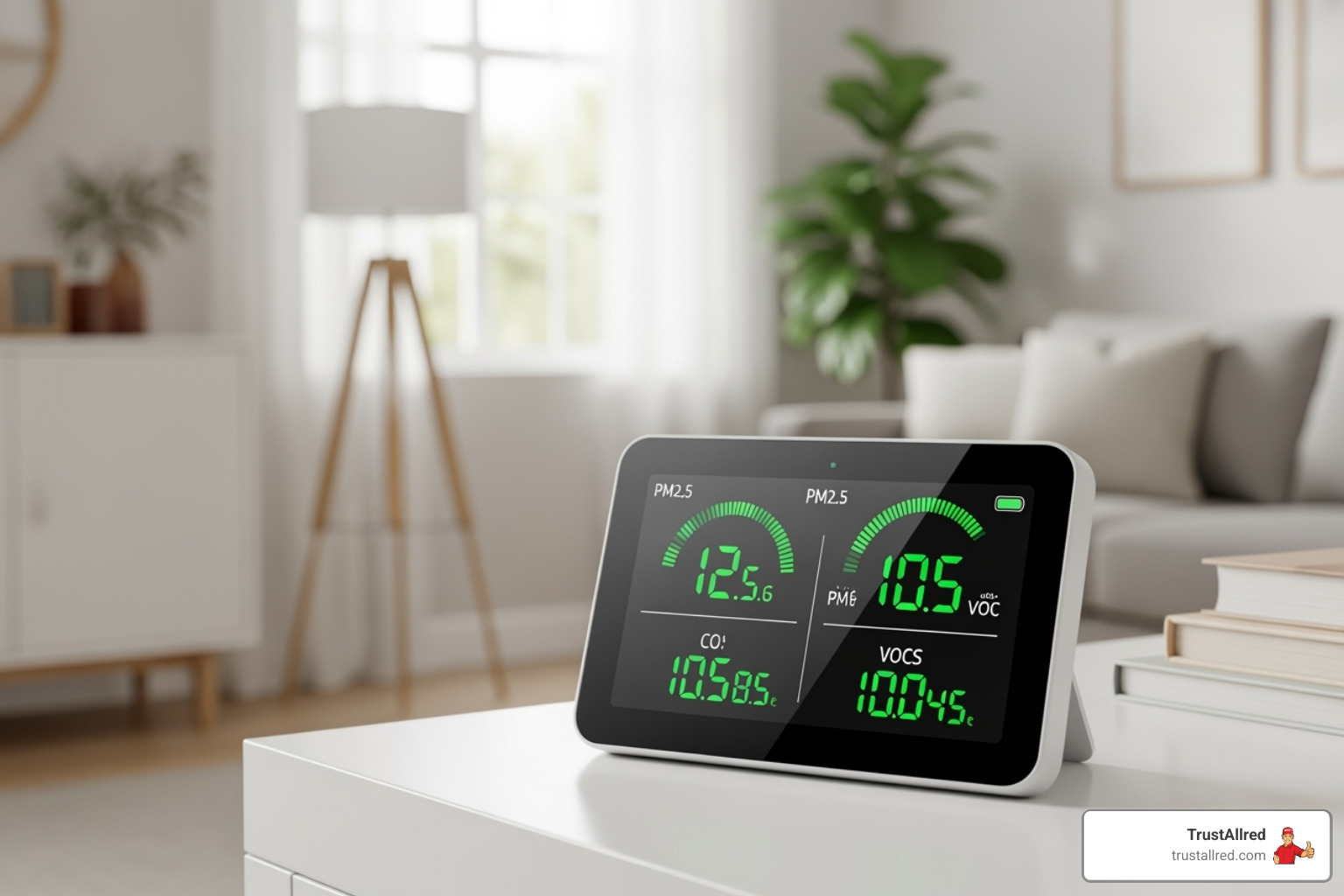 An indoor air quality monitor displaying "Good Air Quality" with low readings for pollutants and a clean, comfortable home environment in the background - heating maintenance in pacific, wa