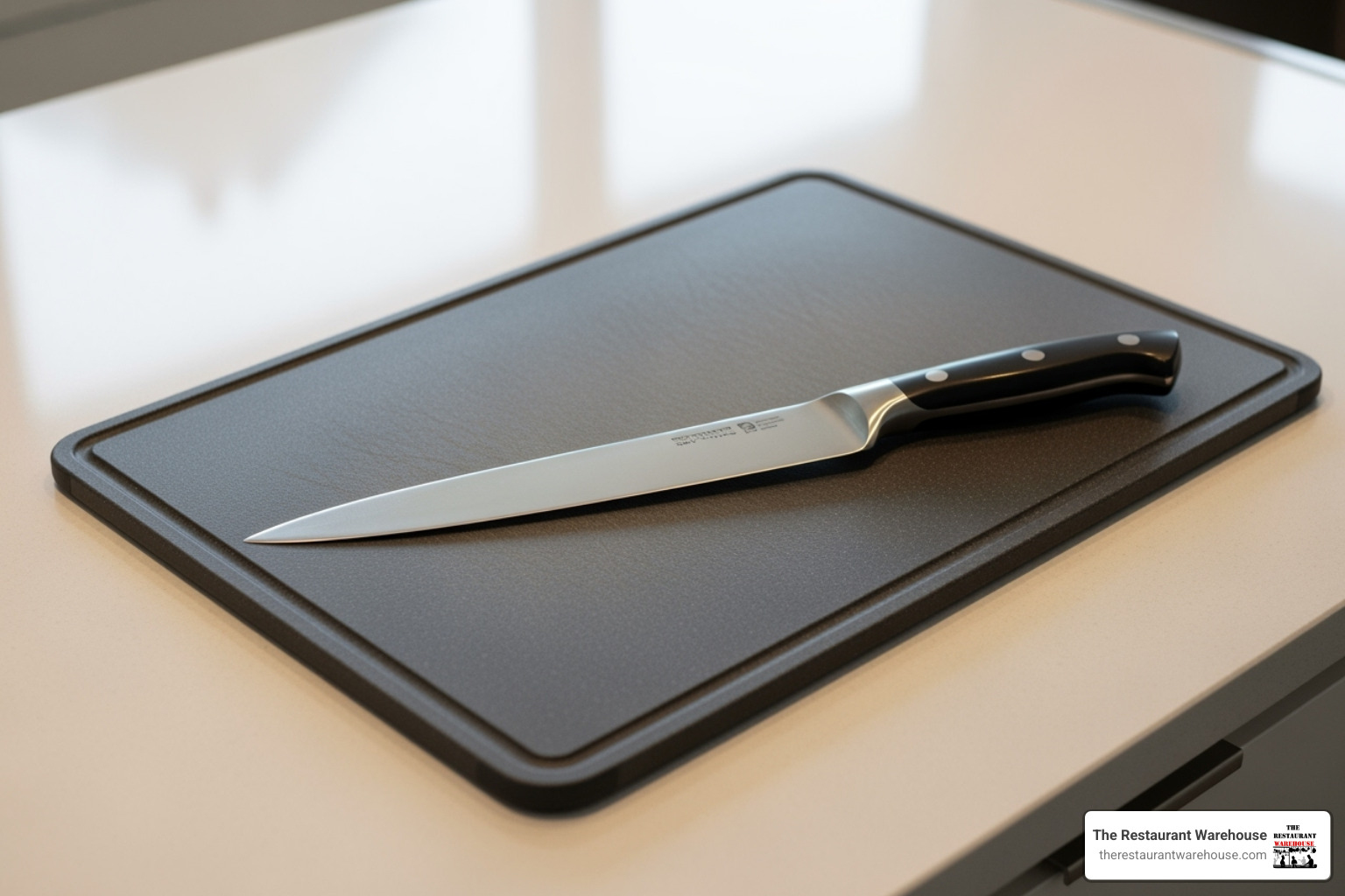 Modern composite cutting board with chef's knife on a kitchen counter. - cutting boards Seattle