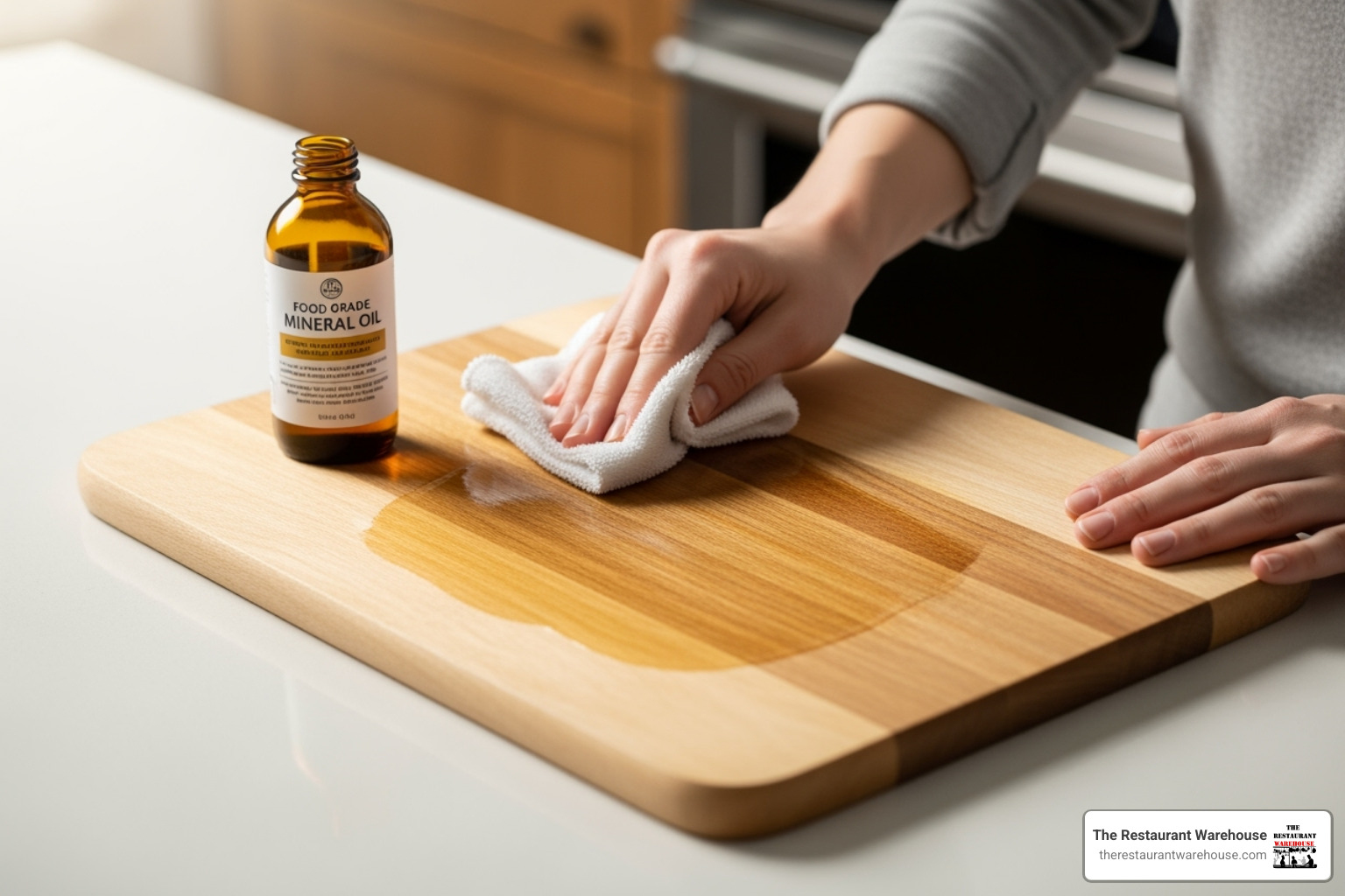 Person applying oil to a wooden cutting board for maintenance. - cutting boards Seattle