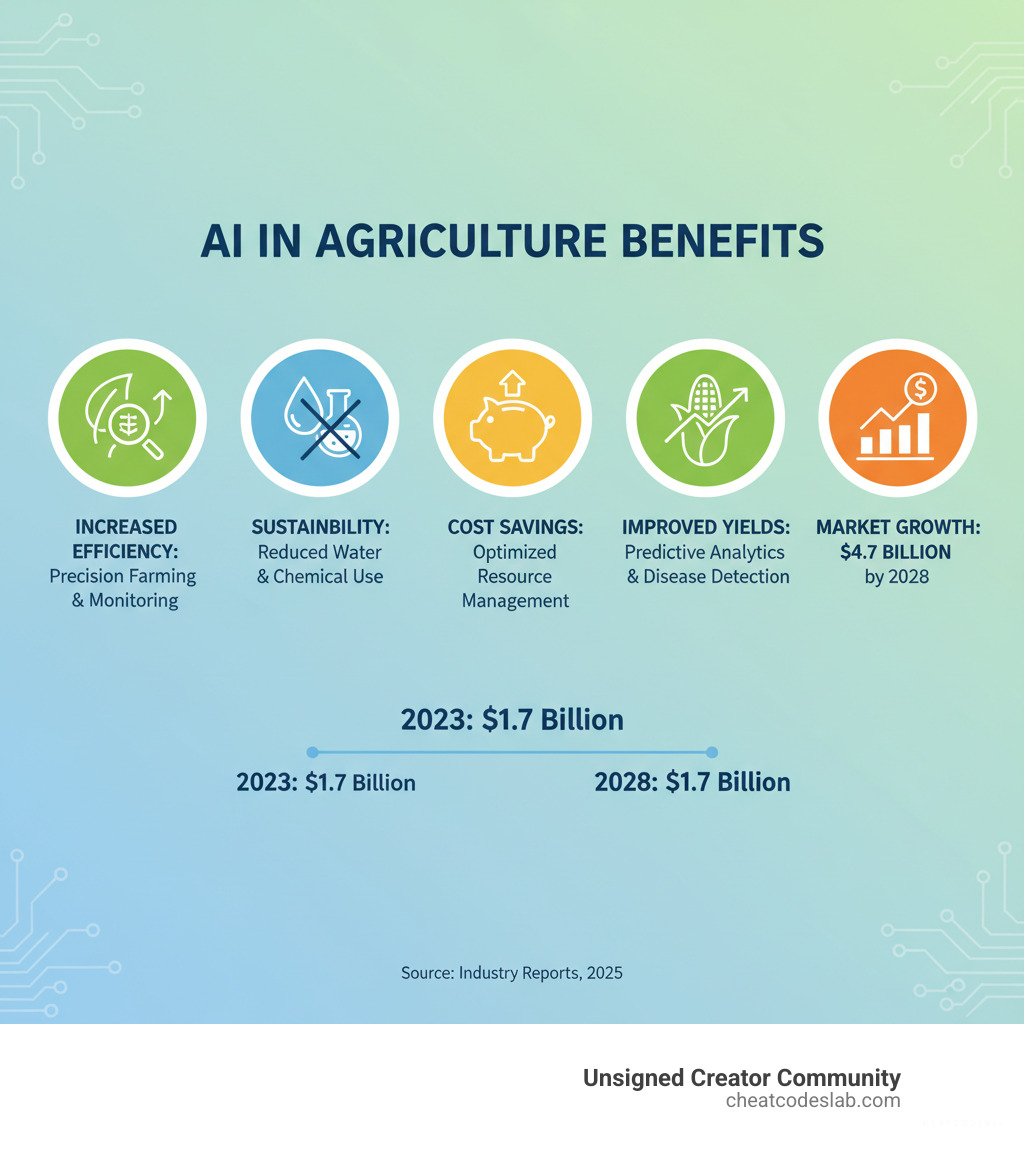 infographic showing AI in agriculture benefits: increased efficiency through precision farming and crop monitoring, sustainability through reduced water and chemical use, cost savings from optimized resource management, improved yields through predictive analytics and disease detection, and market growth projecting $4.7 billion by 2028 - AI tools for agriculture infographic infographic showing AI in agriculture benefits: increased efficiency through precision farming and crop monitoring, sustainability through reduced water and chemical use, cost savings from optimized resource management, improved yields through predictive analytics and disease detection, and market growth projecting $4.7 billion by 2028 - AI tools for agriculture infographic