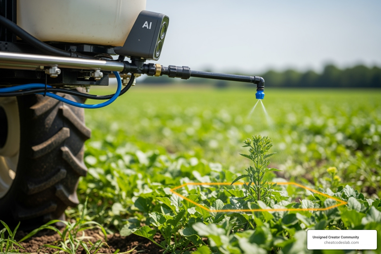 AI-powered sprayer targeting a weed while avoiding a crop - AI tools for agriculture AI-powered sprayer targeting a weed while avoiding a crop - AI tools for agriculture