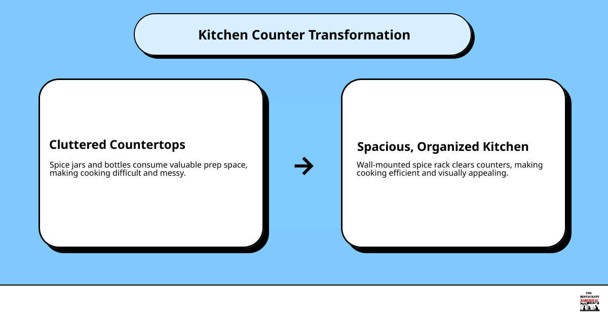 Infographic showing a cluttered kitchen counter before installing a wall-mounted spice rack, with spice jars taking up valuable prep space, and an organized after view with the same spices neatly arranged on a chrome wall-mounted rack, freeing up the entire counter surface for food preparation - chrome spice rack wall mounted infographic cause_effect_text Infographic showing a cluttered kitchen counter before installing a wall-mounted spice rack, with spice jars taking up valuable prep space, and an organized after view with the same spices neatly arranged on a chrome wall-mounted rack, freeing up the entire counter surface for food preparation - chrome spice rack wall mounted infographic cause_effect_text