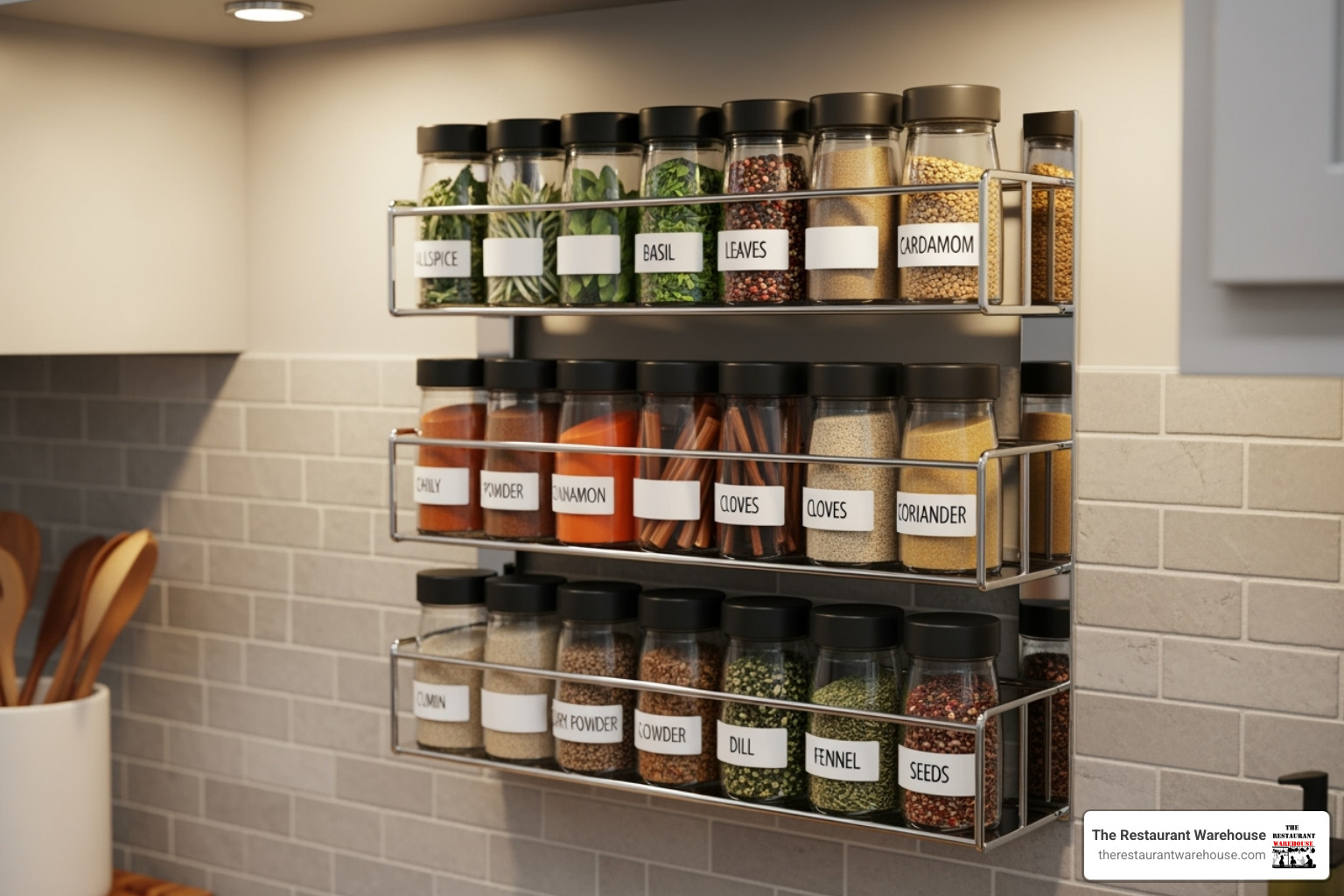 Spices organized alphabetically on a three-tier chrome rack - chrome spice rack wall mounted Spices organized alphabetically on a three-tier chrome rack - chrome spice rack wall mounted
