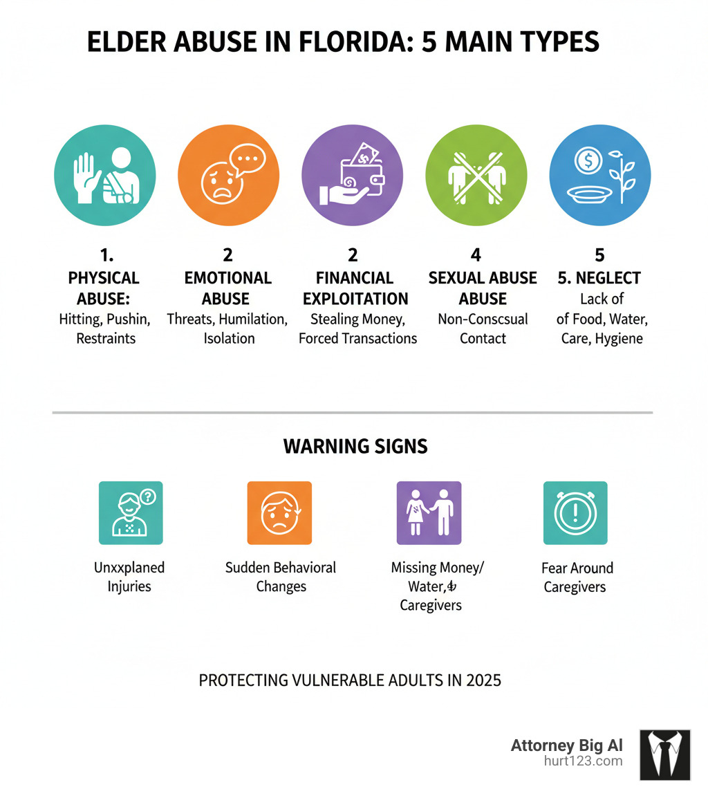 Infographic showing the five main types of elder abuse in Florida: Physical Abuse (hitting, pushing, inappropriate restraints), Emotional Abuse (threats, humiliation, isolation), Financial Exploitation (stealing money, forcing financial transactions), Sexual Abuse (non-consensual contact), and Neglect (failure to provide food, water, medical care, hygiene). Warning signs include unexplained injuries, sudden behavioral changes, missing money or valuables, poor hygiene, malnutrition, and fearfulness around caregivers. - elder abuse lawyers Miami infographic 