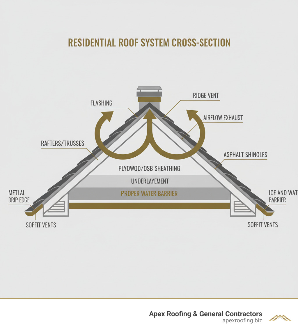 Detailed infographic showing the cross-section of a residential roof system, including labeled components: rafters or trusses forming the structural frame, plywood or OSB sheathing, underlayment layer, ice and water barrier at eaves and valleys, metal drip edge, asphalt shingles as the outer layer, flashing around penetrations, ridge vent at the peak, and soffit vents at the eaves, with arrows indicating proper ventilation airflow from intake to exhaust - roof infographic 