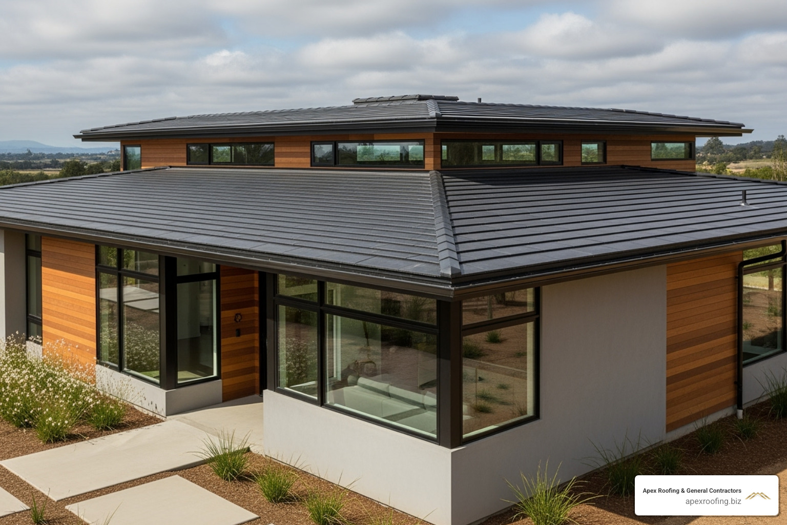 Modern home with integrated solar shingles seamlessly blending into the roof design - roof