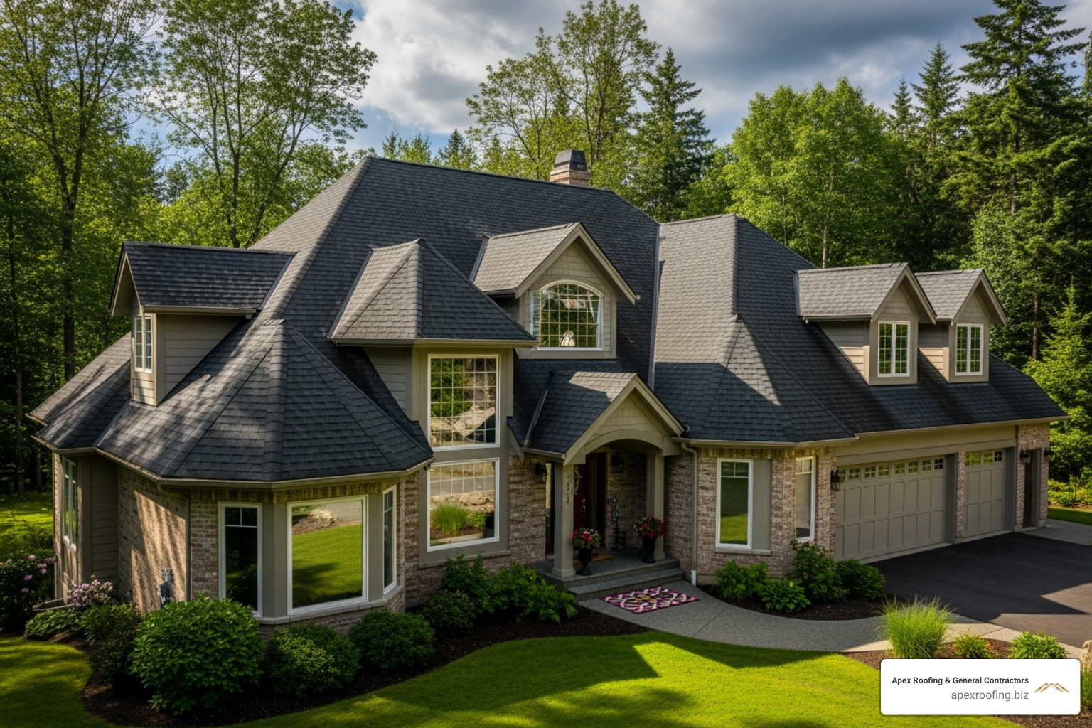 A home with a complex hip and valley roofline, showcasing varied pitches and architectural details - roof