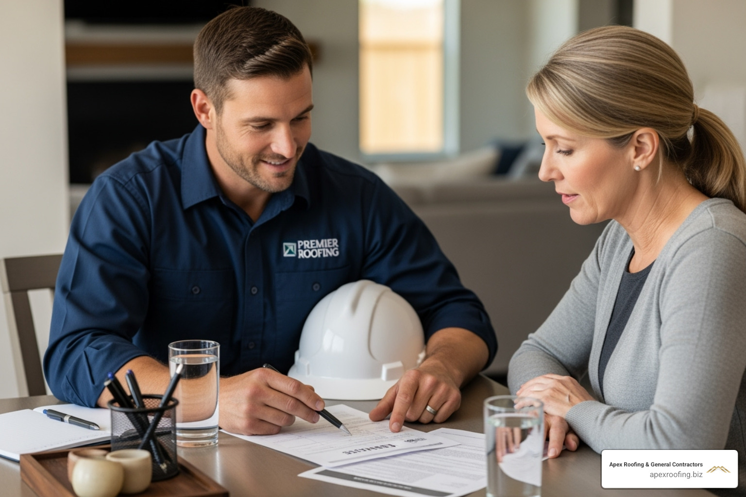 Roofing contractor providing a written estimate to a homeowner, pointing to details on the document - roof