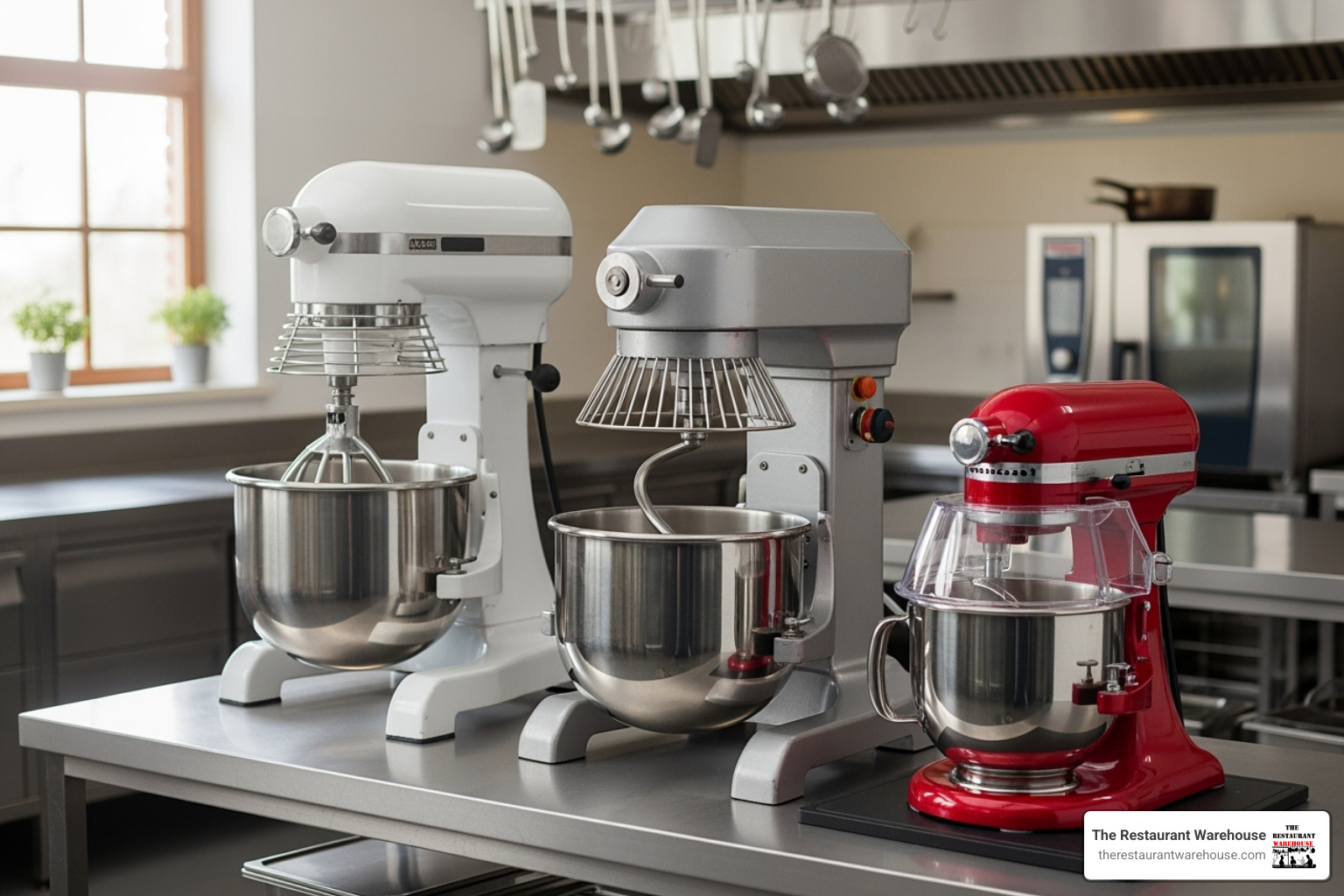 A planetary mixer, a spiral mixer, and a countertop model side-by-side - commercial mixers A planetary mixer, a spiral mixer, and a countertop model side-by-side - commercial mixers