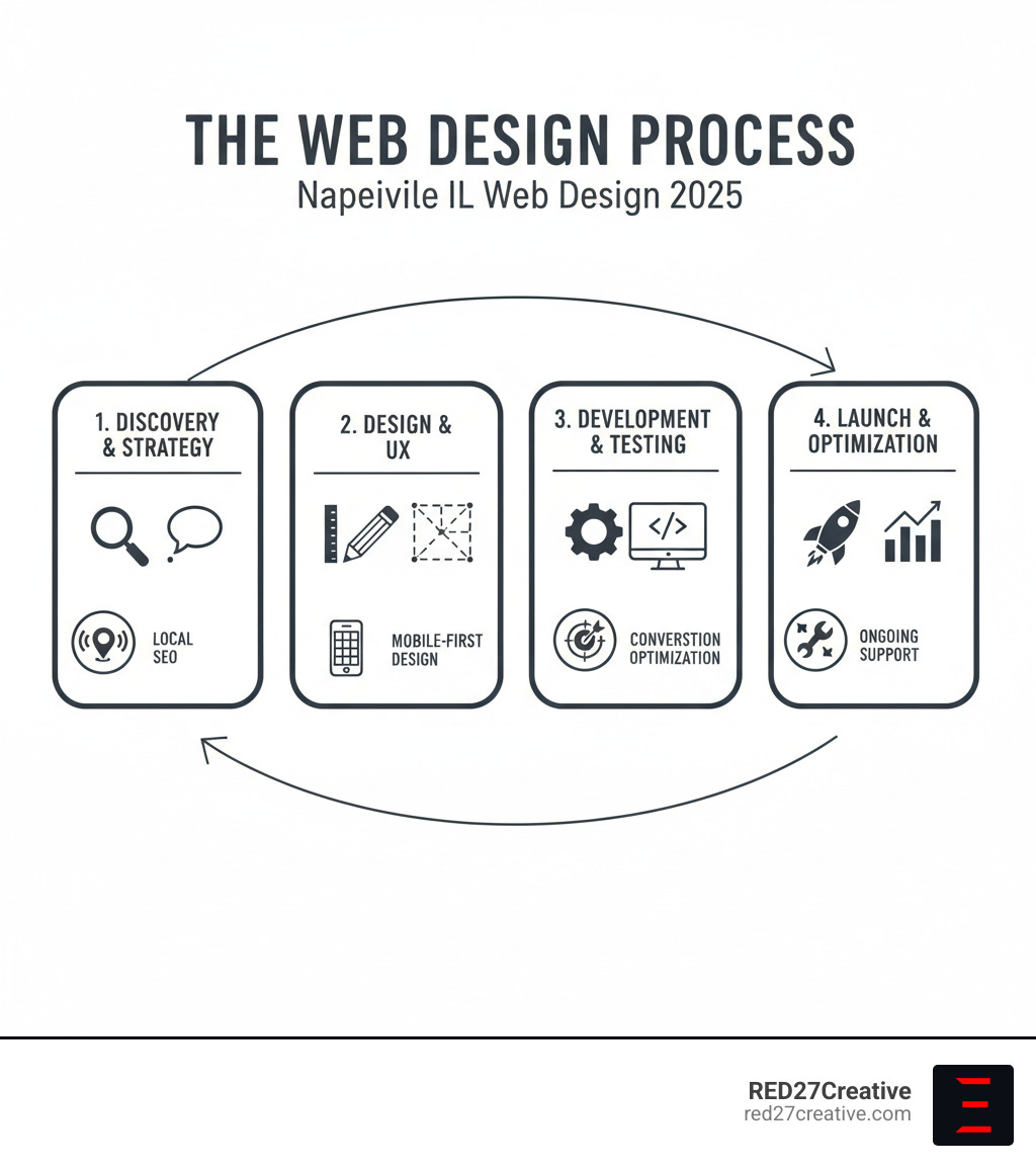 Infographic showing the complete web design process: Discovery & Strategy, Design & UX, Development & Testing, Launch & Optimization, with icons representing local SEO, mobile-first design, conversion optimization, and ongoing support - Naperville IL web design infographic Infographic showing the complete web design process: Discovery & Strategy, Design & UX, Development & Testing, Launch & Optimization, with icons representing local SEO, mobile-first design, conversion optimization, and ongoing support - Naperville IL web design infographic