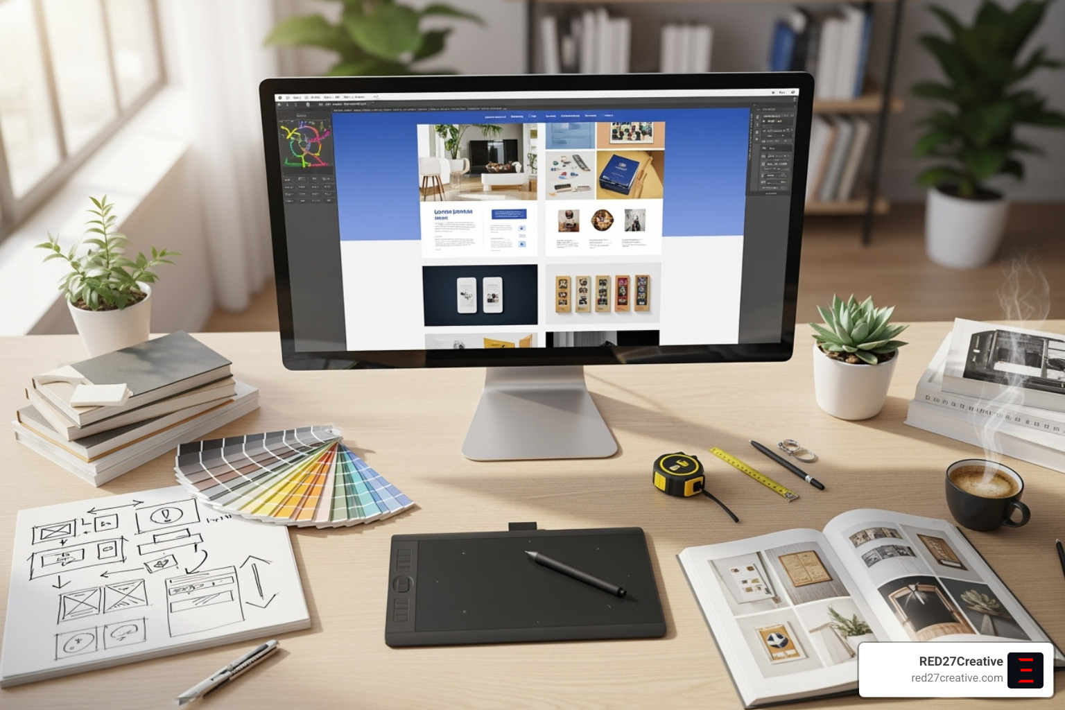Image of a designer's desk showing a website layout on a monitor, with color swatches and wireframes nearby. - Naperville IL web design Image of a designer's desk showing a website layout on a monitor, with color swatches and wireframes nearby. - Naperville IL web design