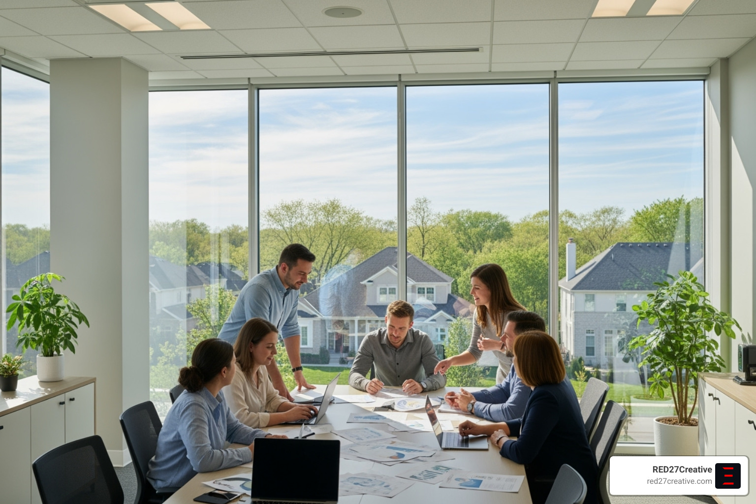 Image of a team collaborating in a modern office setting, with a window view of a suburban Illinois landscape. - Naperville IL web design Image of a team collaborating in a modern office setting, with a window view of a suburban Illinois landscape. - Naperville IL web design