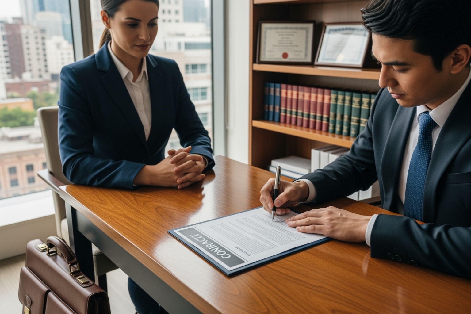 a person signing a contract with a lawyer or consultant present - franchise selection process