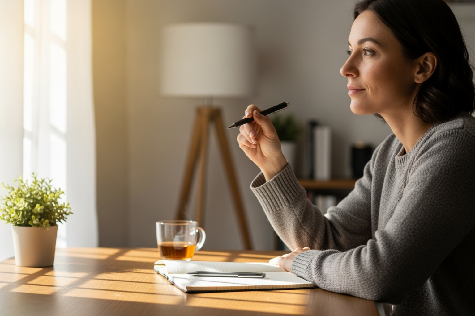 an individual at a desk with a notepad, reflecting on their goals - franchise selection process