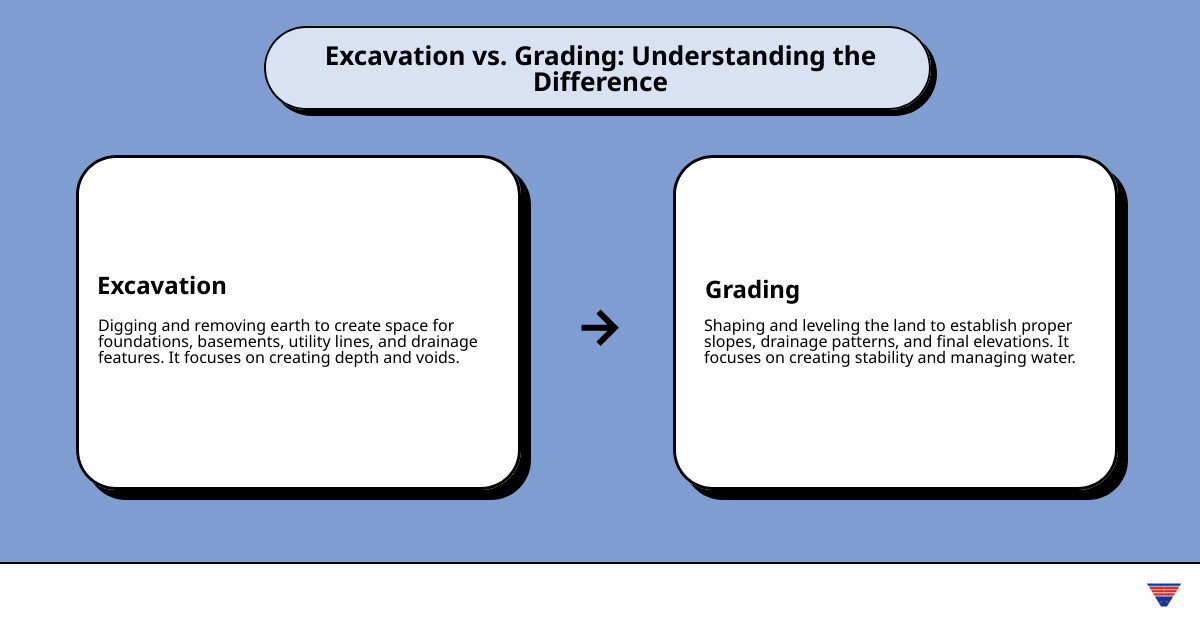infographic showing excavation on the left with an excavator digging deep for foundations and utilities, and grading on the right with a bulldozer shaping land surface for proper drainage and slope management - excavation and grading infographic cause_effect_text