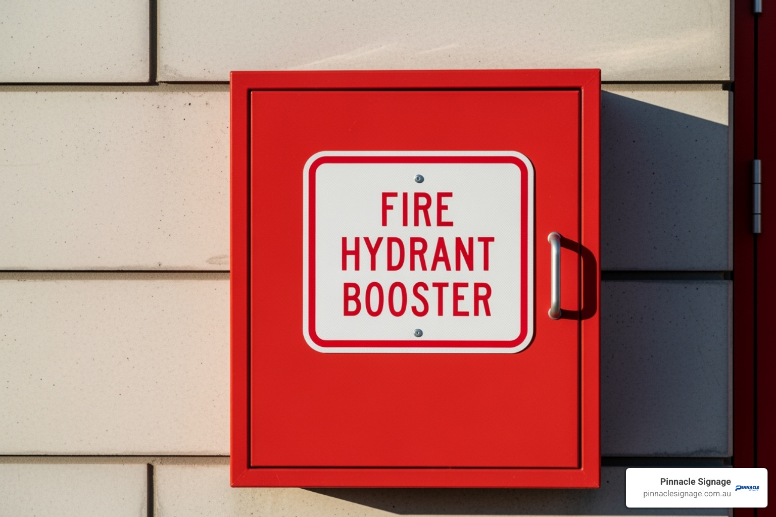A perfectly installed fire hydrant booster sign on a red cabinet against a modern building wall, demonstrating clear visibility and correct placement. - fire hydrant booster signage A perfectly installed fire hydrant booster sign on a red cabinet against a modern building wall, demonstrating clear visibility and correct placement. - fire hydrant booster signage