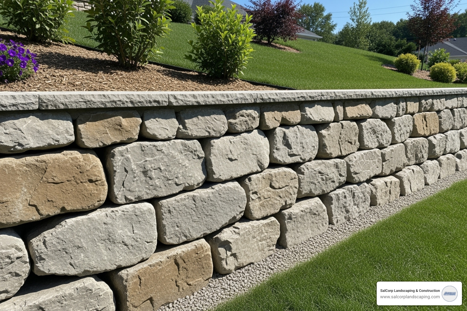 Sturdy stone retaining wall holding back soil on a sloped yard - Masonry Contractor Lakeville
