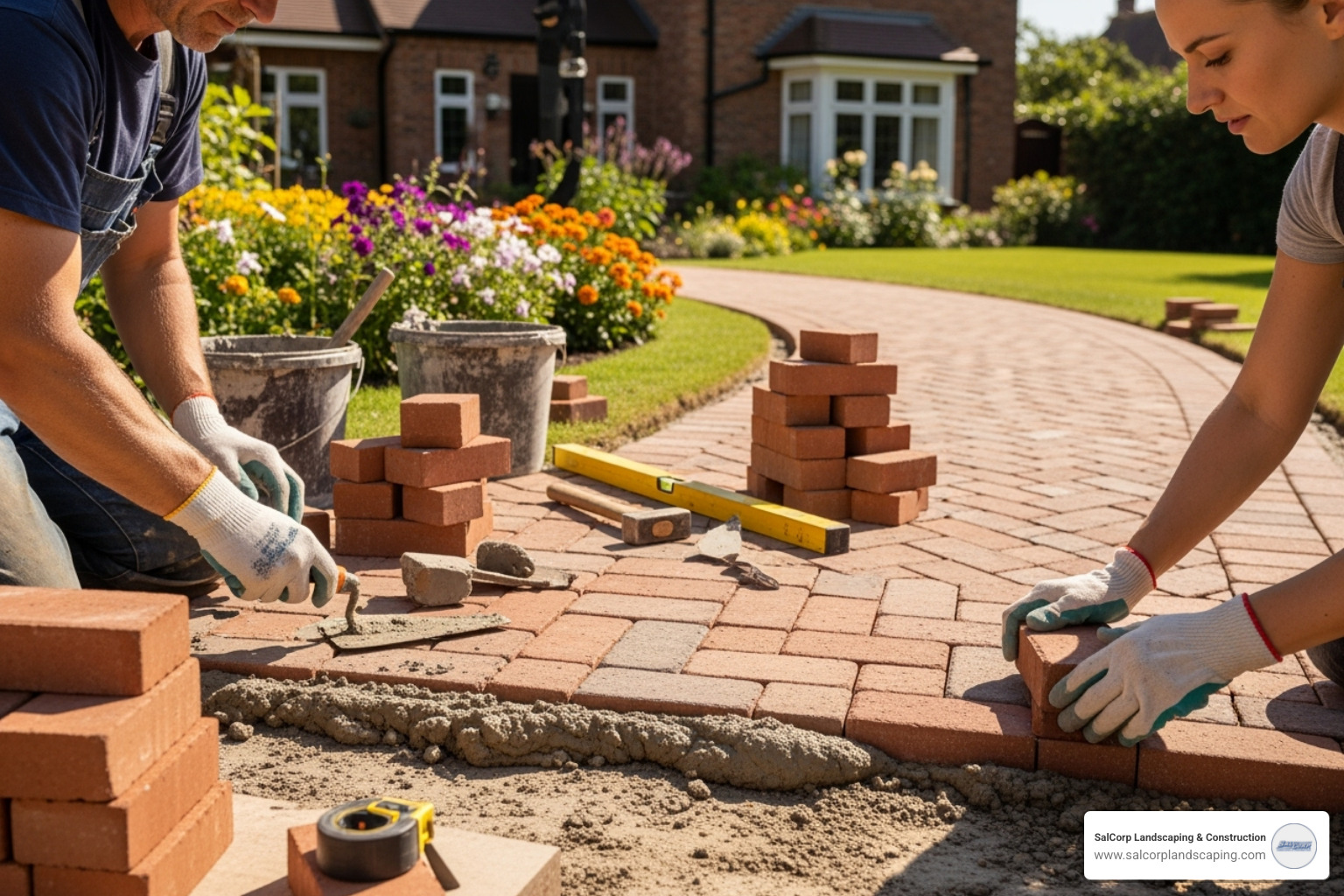 Masons carefully laying bricks for a new walkway - Masonry Contractor Lakeville