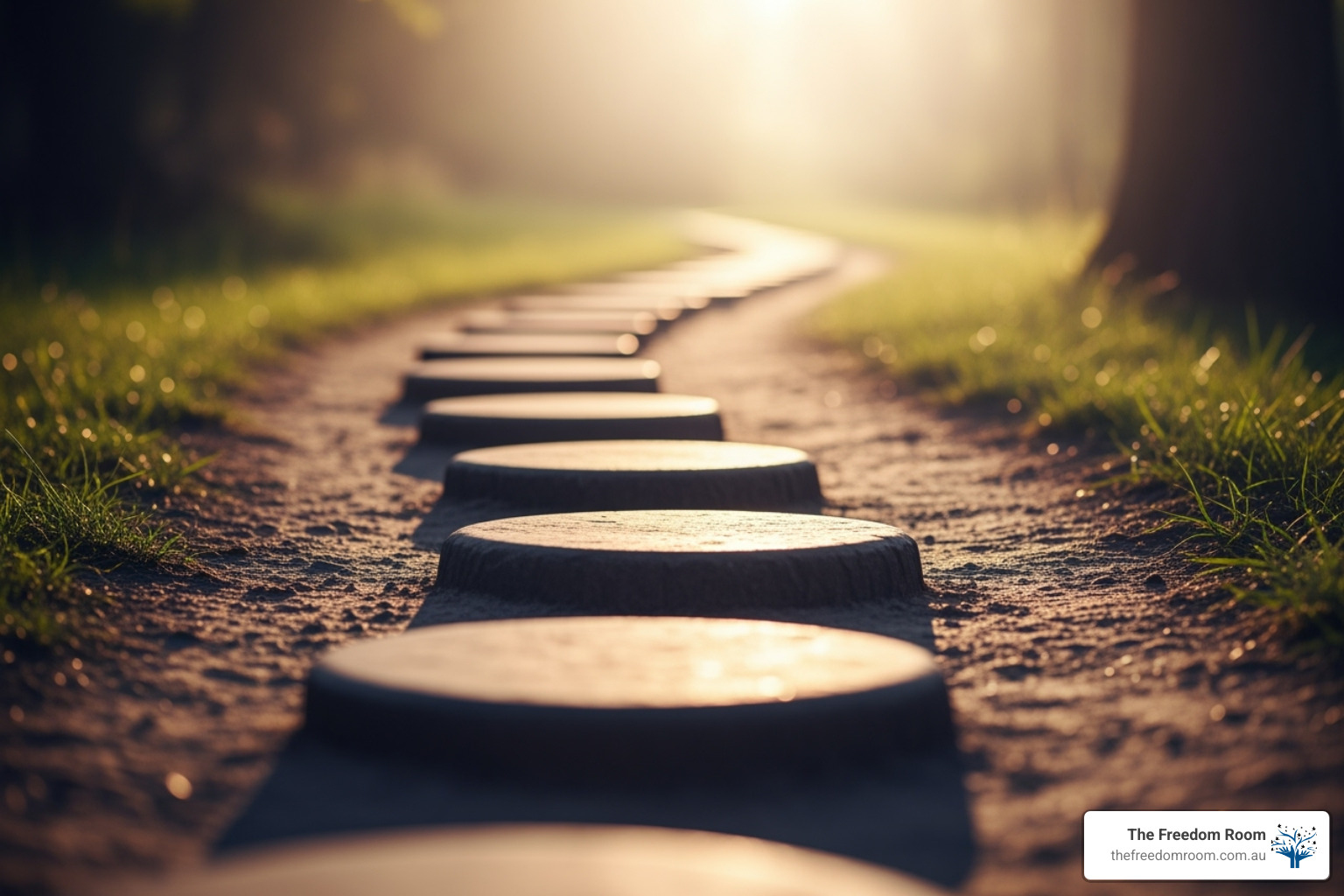 Stepping stones leading down a path at sunrise, symbolising the steps in a relapse prevention plan.