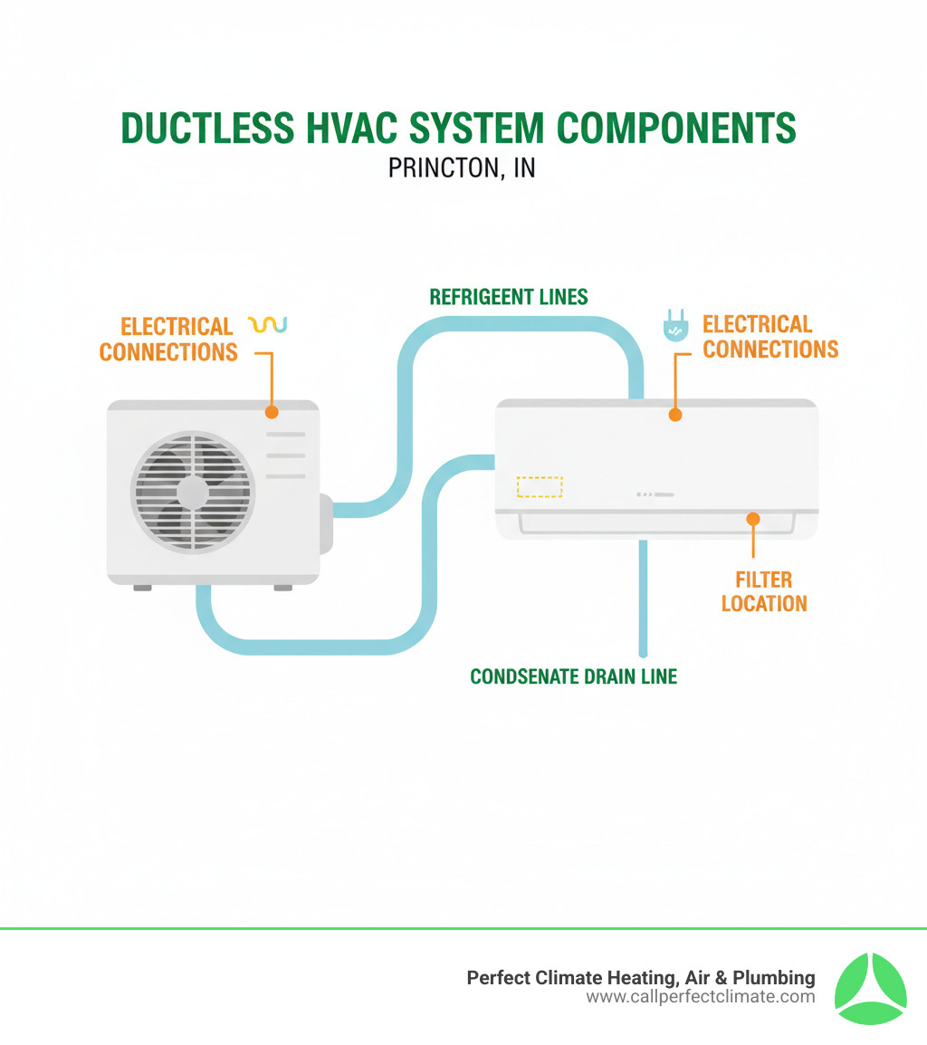 Infographic showing ductless HVAC system components: outdoor condenser unit connected via refrigerant lines to indoor wall-mounted air handler, with labels for filter location, condensate drain line, and electrical connections - ductless hvac maintenance in princeton in infographic 