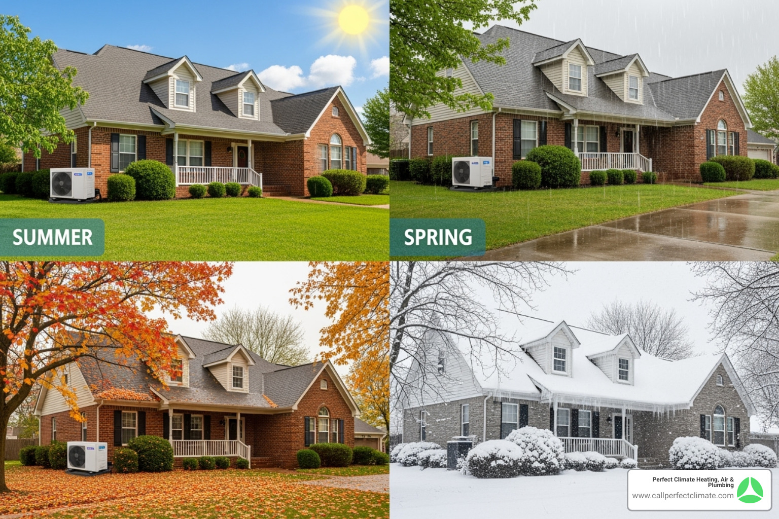 Illustrating the four seasons in Indiana, showing a home with a ductless unit in sun, rain, and snow - ductless hvac maintenance in princeton in