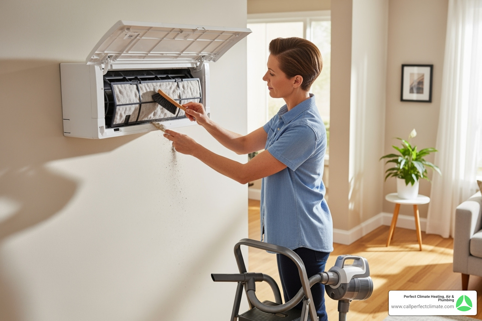 A homeowner carefully cleaning the filter of an indoor ductless unit - ductless hvac maintenance in princeton in
