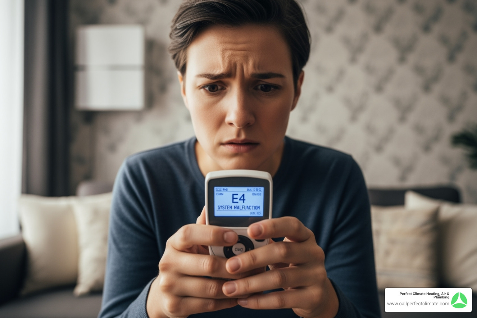 A person looking concerned at their ductless unit's remote control showing an error - ductless hvac maintenance in princeton in