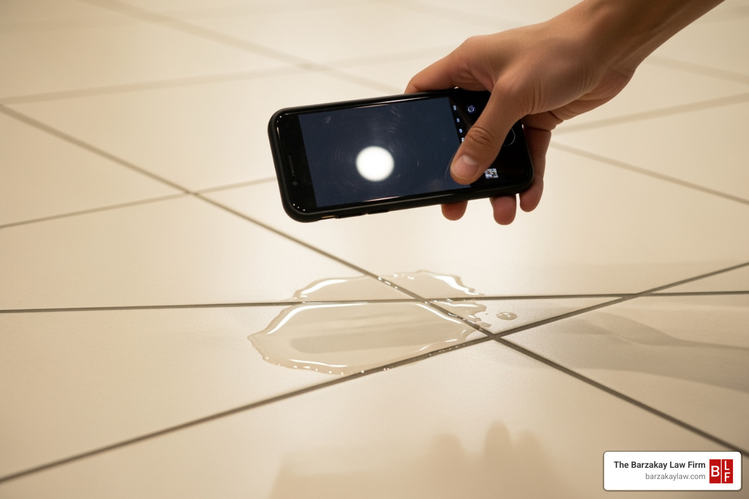 Image of a person taking a photo of a spill on a floor with their phone - Premises liability lawyer Image of a person taking a photo of a spill on a floor with their phone - Premises liability lawyer