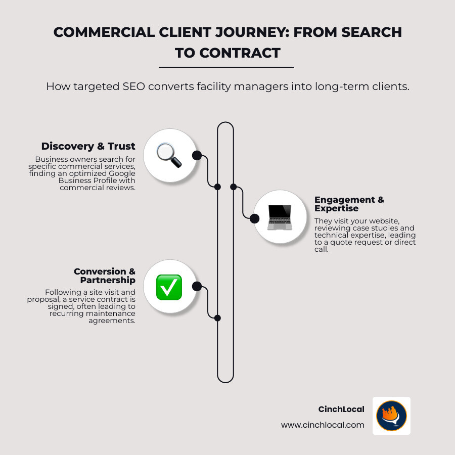 Infographic showing the commercial client journey from search to contract: Step 1 - Business owner searches 'loading dock repair' on Google; Step 2 - Finds optimized GBP with commercial reviews and certifications; Step 3 - Visits website showing case studies and technical expertise; Step 4 - Submits quote request or calls directly; Step 5 - Site visit and proposal; Step 6 - Signed service contract and recurring maintenance agreement - Garage Door SEO (Commercial) infographic infographic-line-3-steps-elegant_beige
