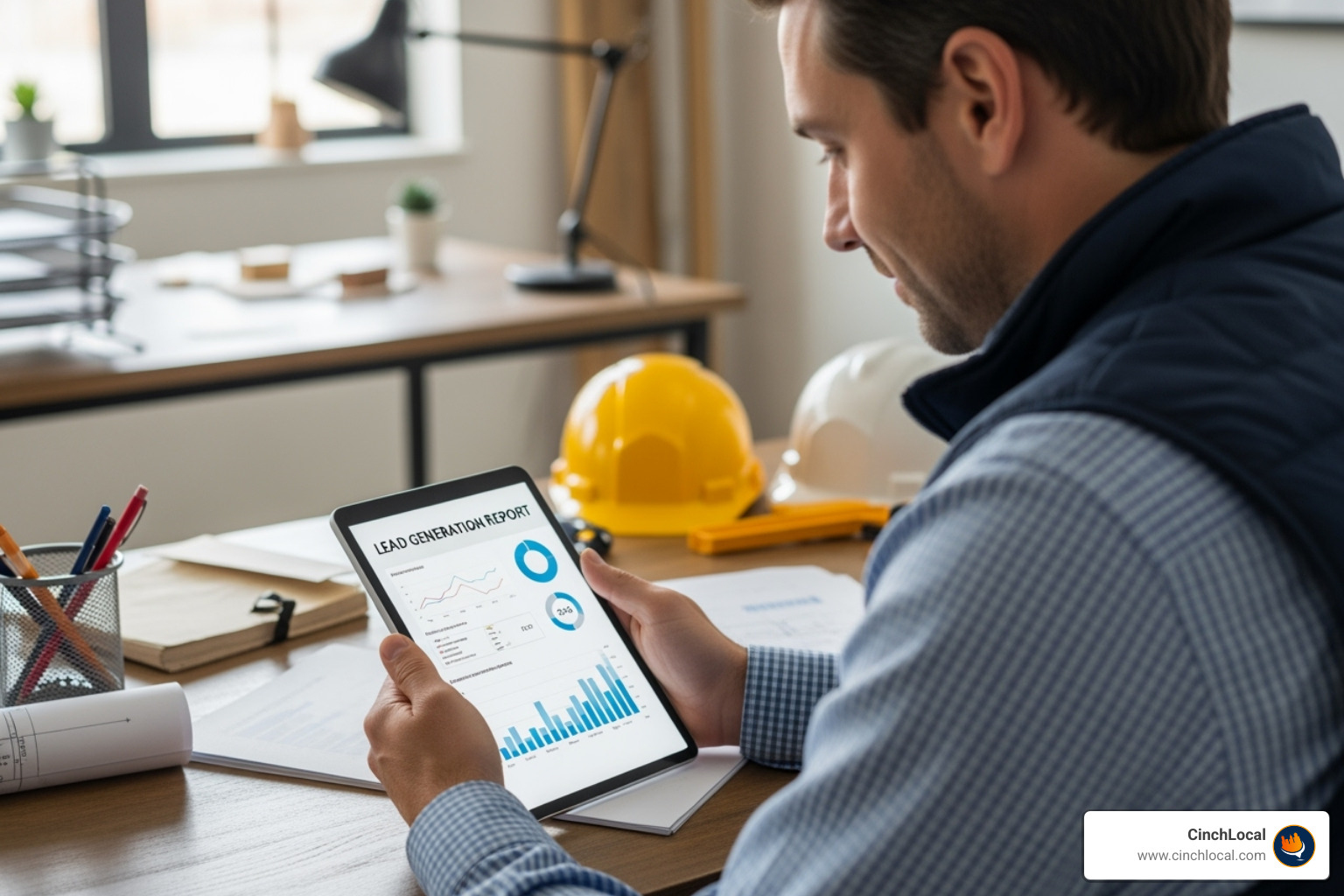 Contractor reviewing a successful lead generation report on a tablet - Garage Door SEO (Commercial)