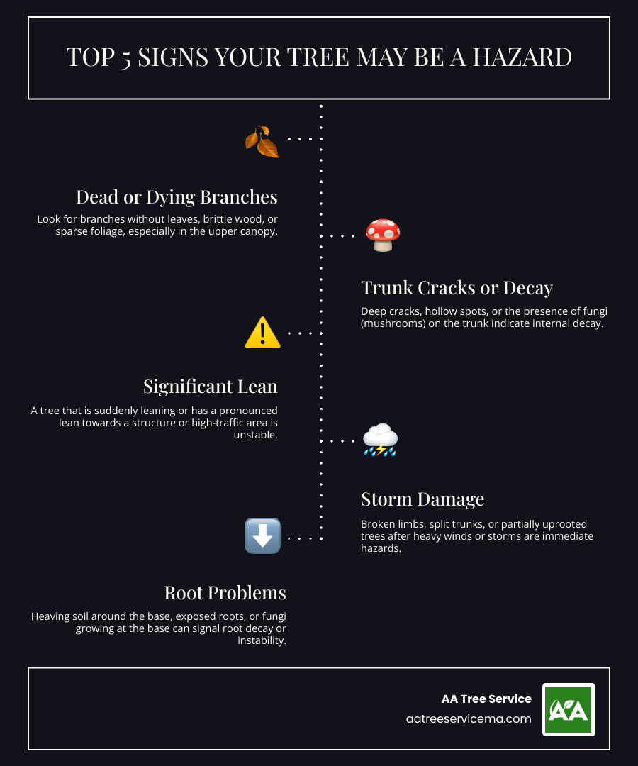 Infographic explaining the top 5 signs a tree on your property may be a hazard - tree removal ma infographic infographic-line-5-steps-dark